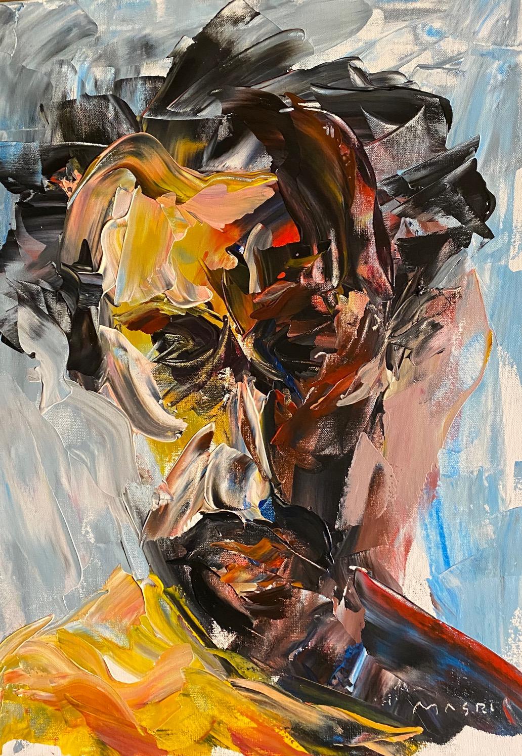 Masri Hayssam Portrait Painting - 'Self-Portarit in Blue' oil on canvas by Masri