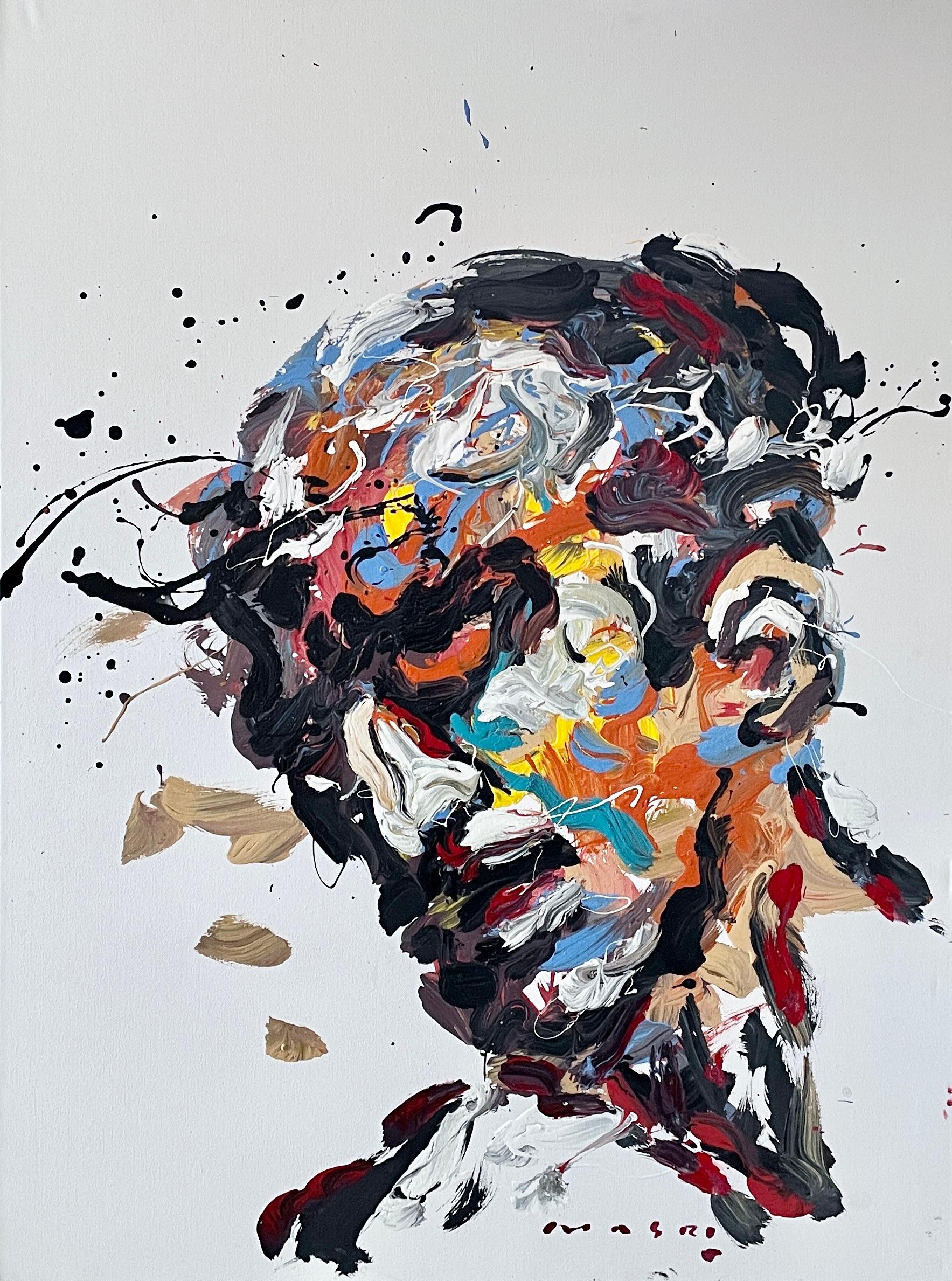 Masri Hayssam Portrait Painting – „Ponder“ von Masri – Buntes Porträt eines Mannes – Gemälde in Mischtechnik auf Leinwand