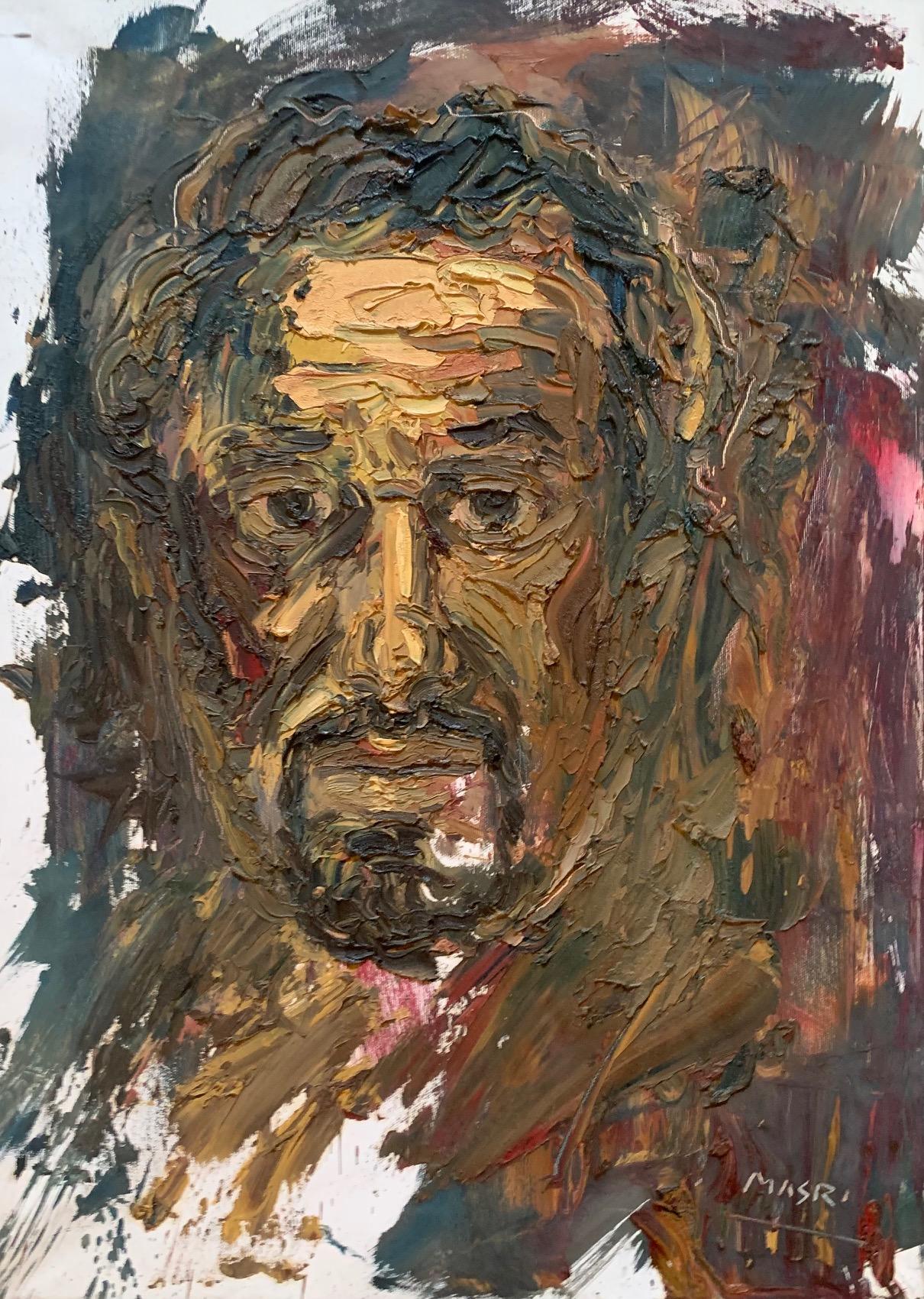 Masri Hayssam Figurative Painting - "Self Portrait in Yellow" Oil on Canvas 20"x28" by Masri