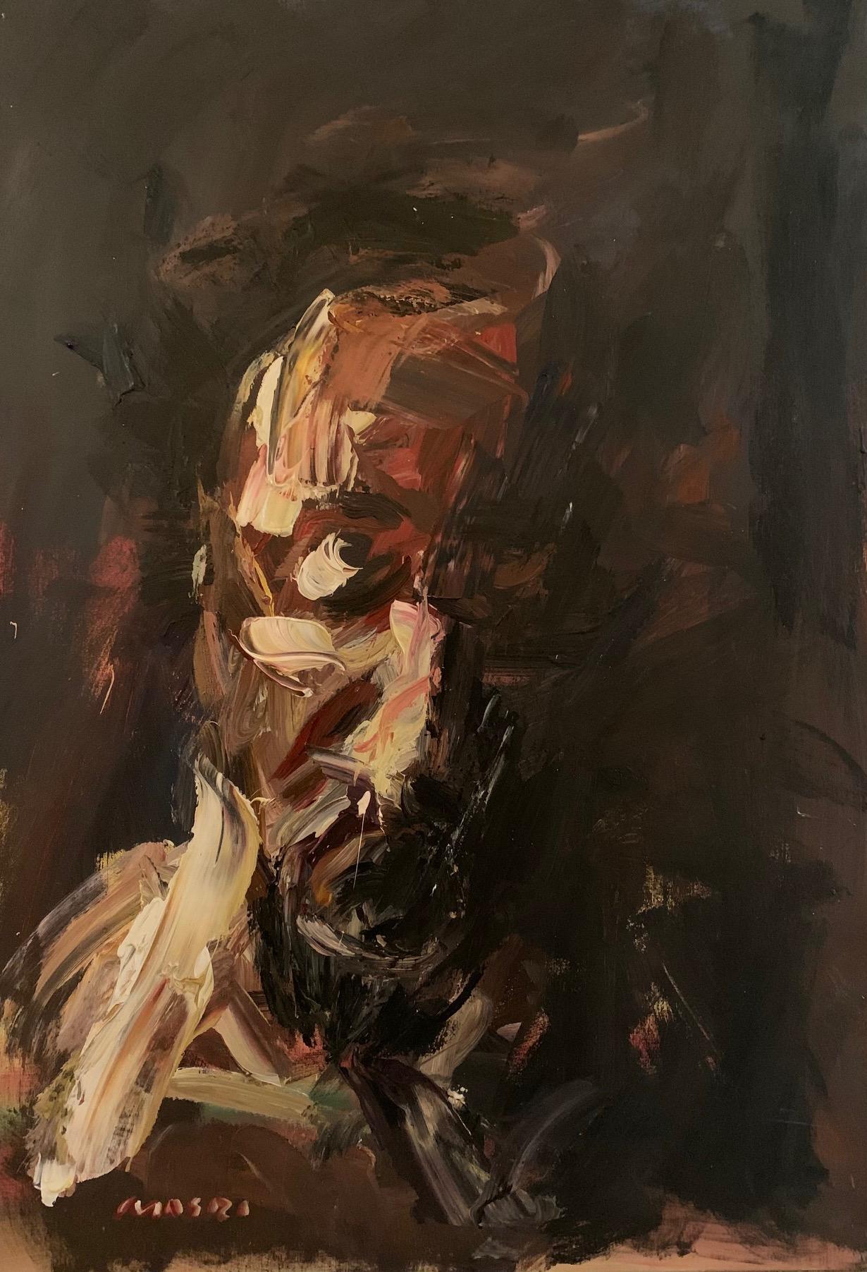 Masri Hayssam Portrait Painting - Contemporary Self-Portrait On Brown  Original Oil On Canvas 