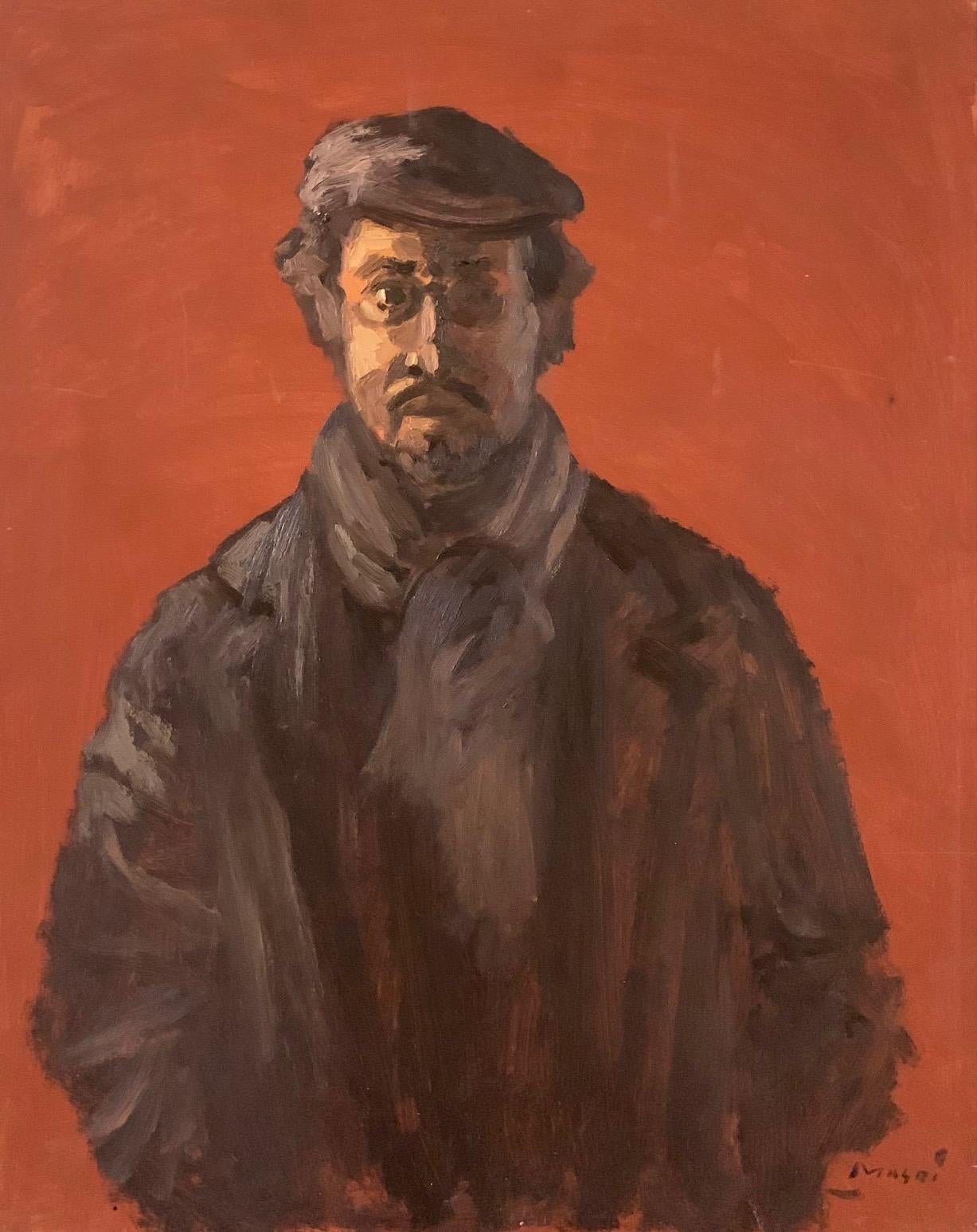 "Self Portrait on red background" Oil on board 20" x 16" by Masri