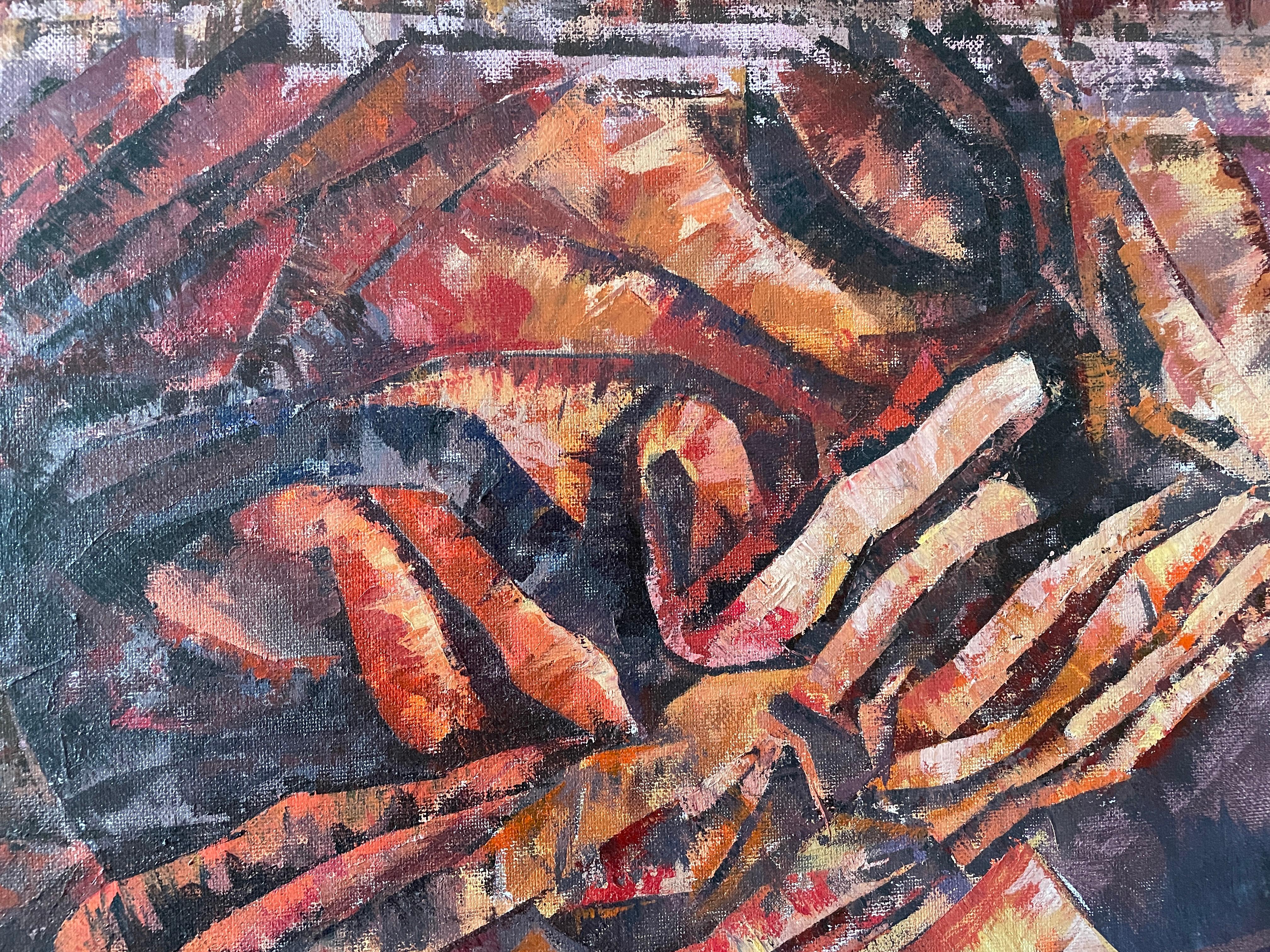 „Shattered Atlas: The Modern Burden“ – Abstraktes Porträt des Kubismus von Masri (Abstrakter Expressionismus), Painting, von Masri Hayssam
