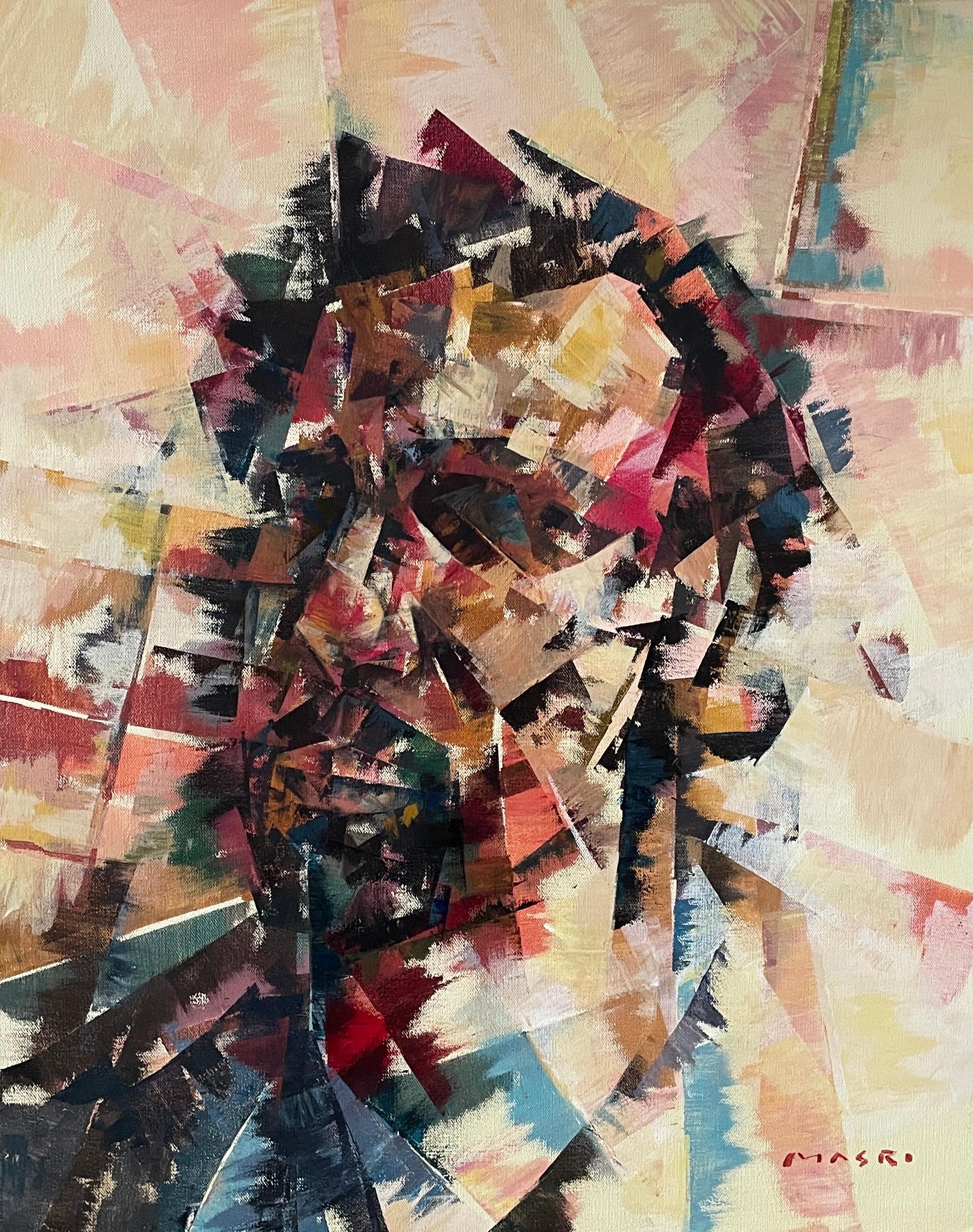 Masri Hayssam Abstract Painting - "Shattered Mind" Mixed Media Abstract Expressionist Cubism Male Portrait
