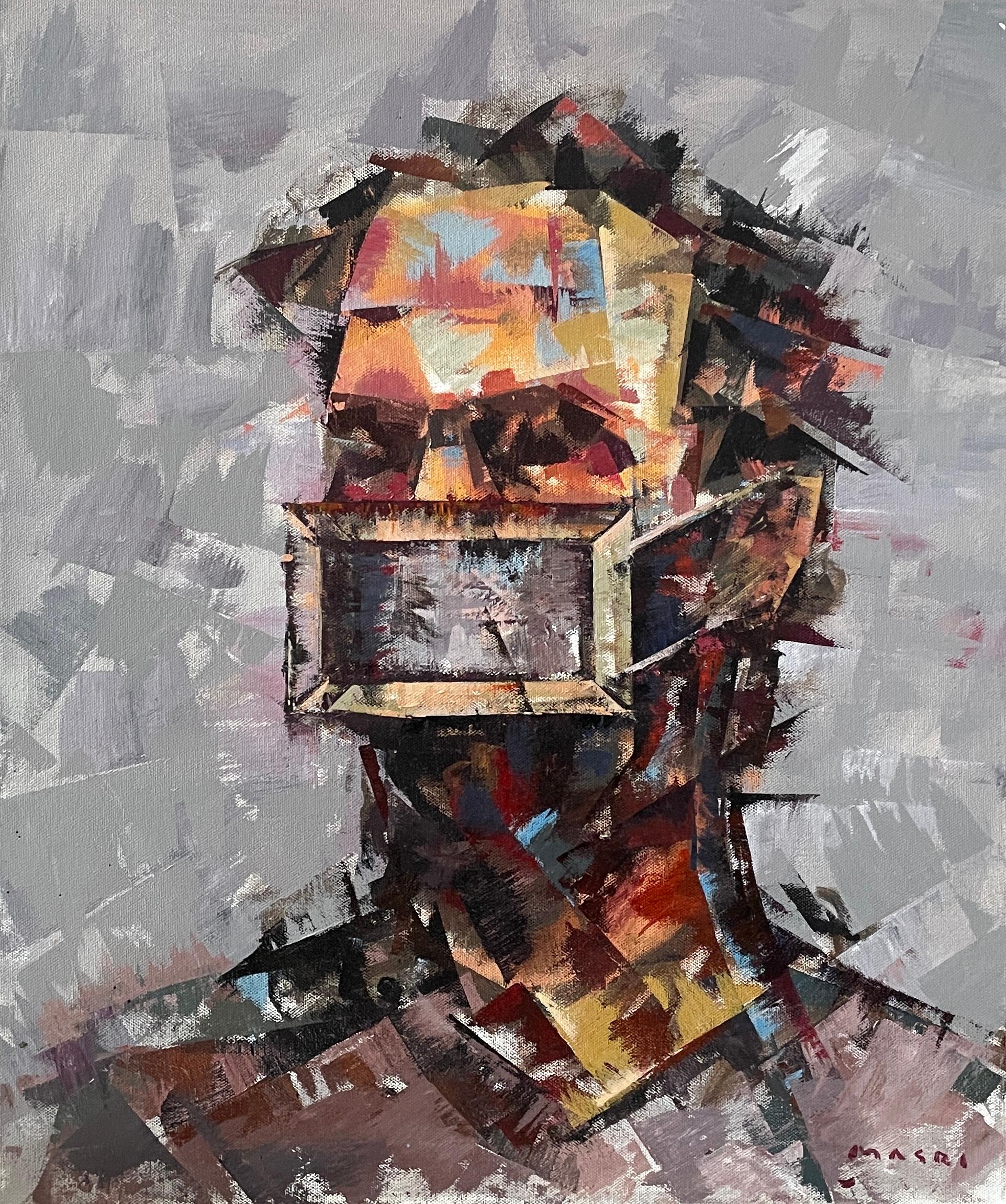 "Shattered Silence" Mixed Media Abstract Male Portrait Shattered Cubism by Masri