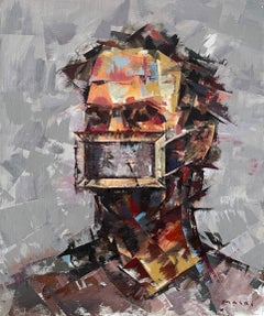 „Shattered Silence“ Mixed Media Abstraktes männliches Porträt in Form eines geformten Kubismus von Masri