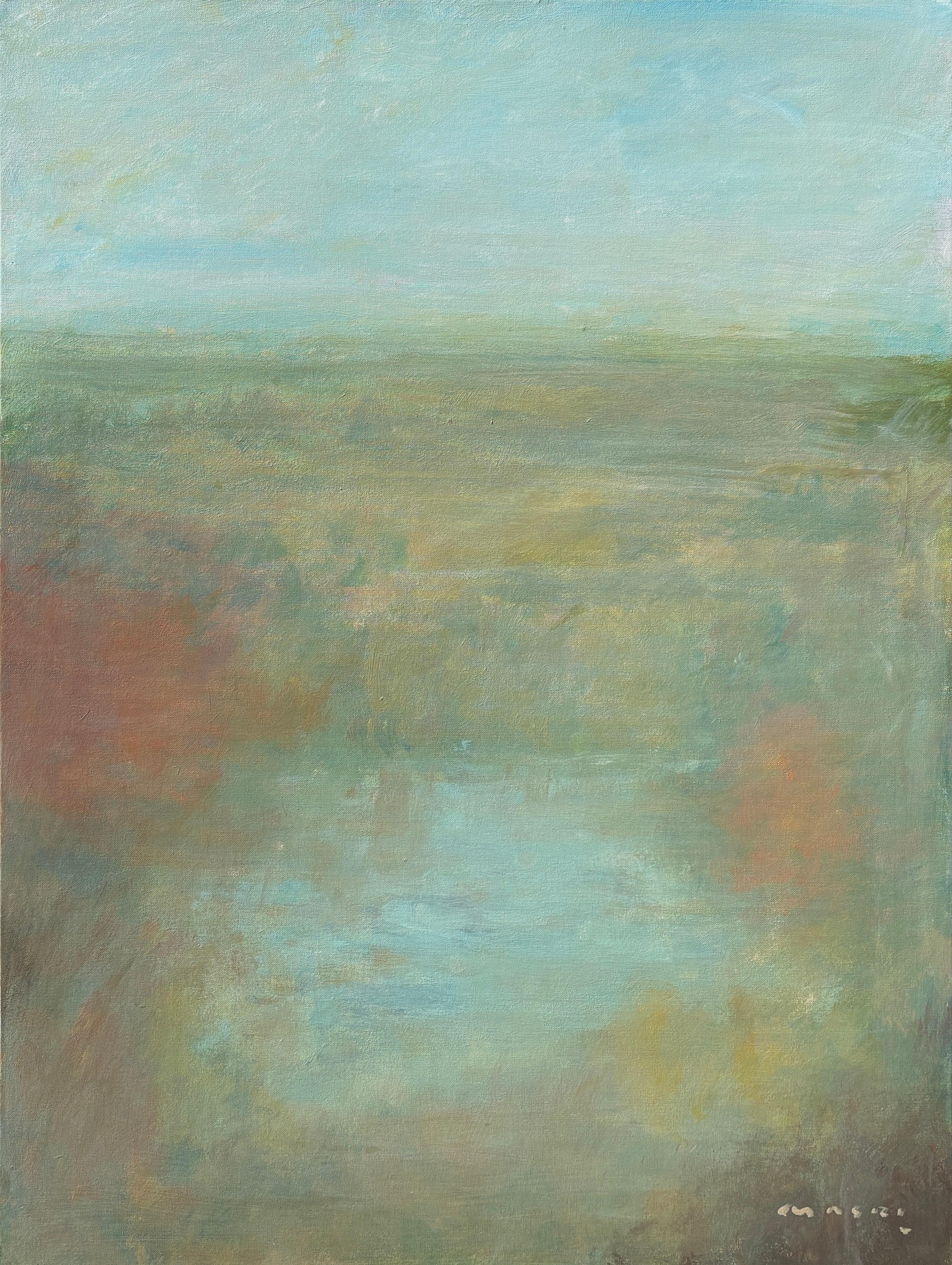 "Silent Horizon" - Modern Post-Impressionist Landscape in Blue and Earth Tones