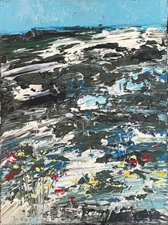 "Snowy Meadow" - Original Landscape with Snow Covered Hill and Colorful Flowers