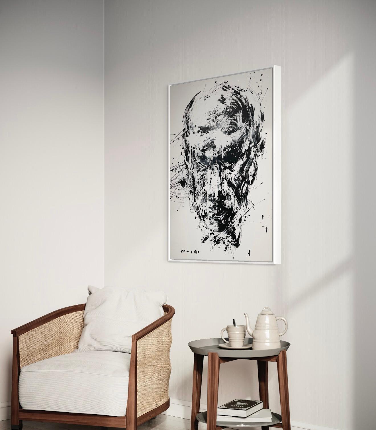 „Stoic“ von Masri – Abstraktes Schwarz-Weiß-Porträt – Gemälde in Mischtechnik im Angebot 8