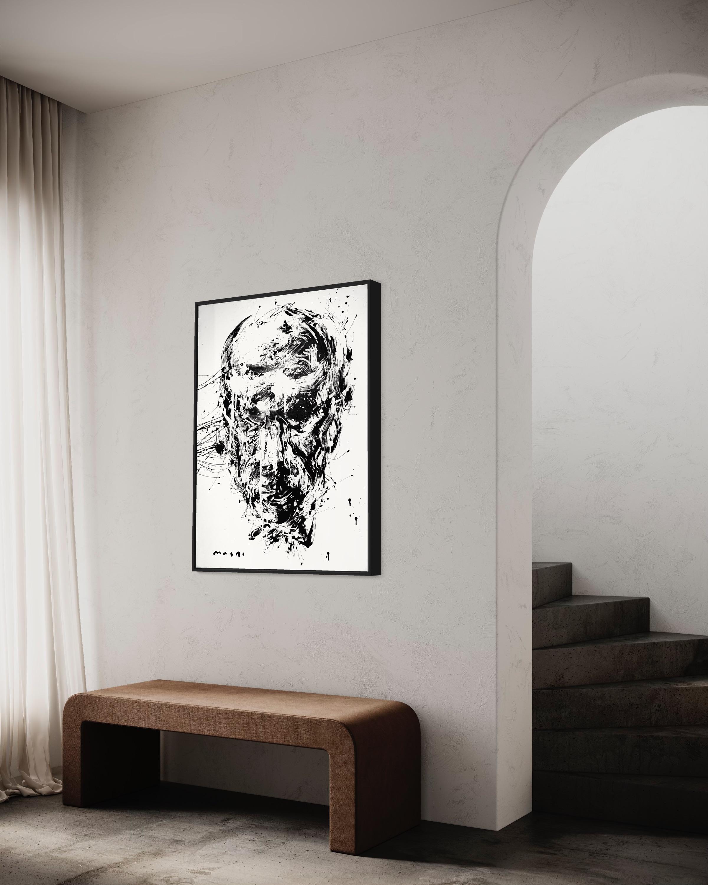„Stoic“ von Masri – Abstraktes Schwarz-Weiß-Porträt – Gemälde in Mischtechnik im Angebot 9