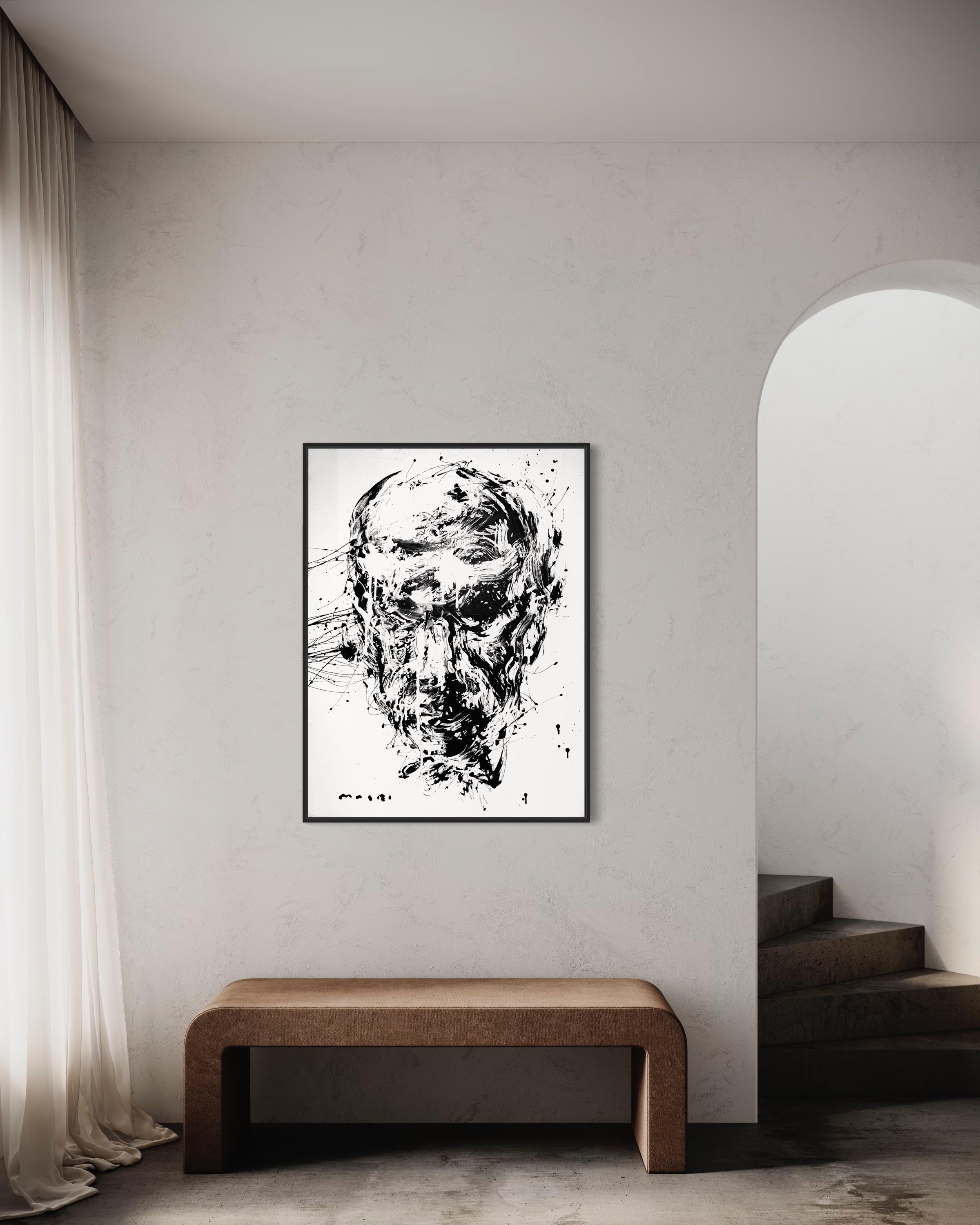 „Stoic“ von Masri – Abstraktes Schwarz-Weiß-Porträt – Gemälde in Mischtechnik (Abstrakter Expressionismus), Painting, von Masri Hayssam
