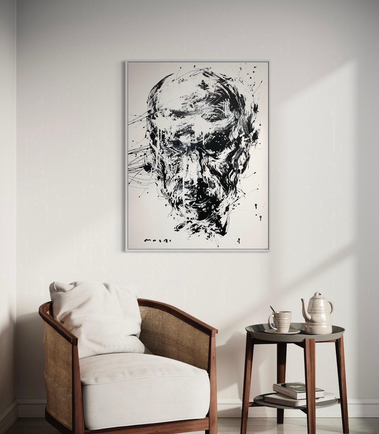 „Stoic“ von Masri – Abstraktes Schwarz-Weiß-Porträt – Gemälde in Mischtechnik – Painting von Masri Hayssam