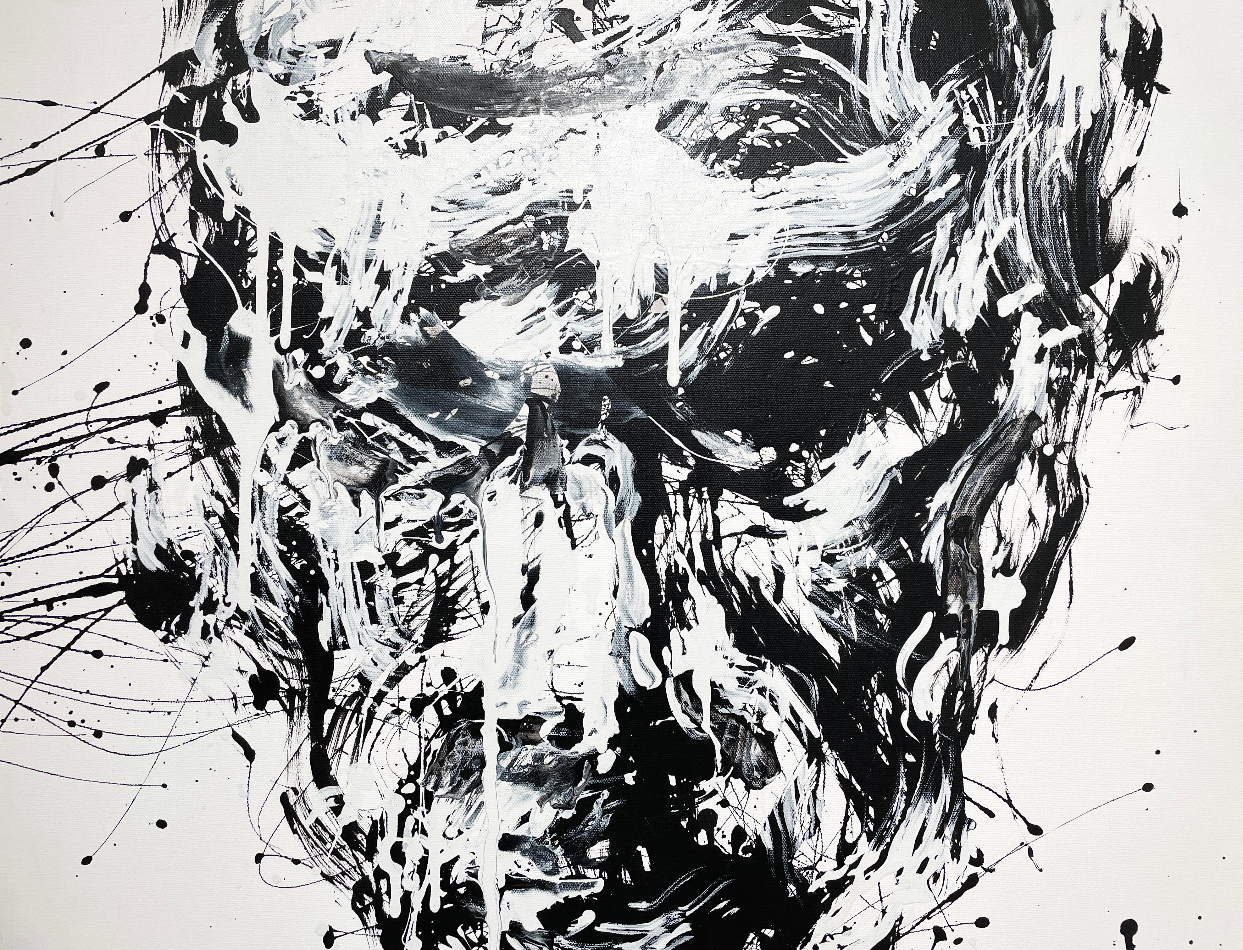 „Stoic“ von Masri – Abstraktes Schwarz-Weiß-Porträt – Gemälde in Mischtechnik im Angebot 1