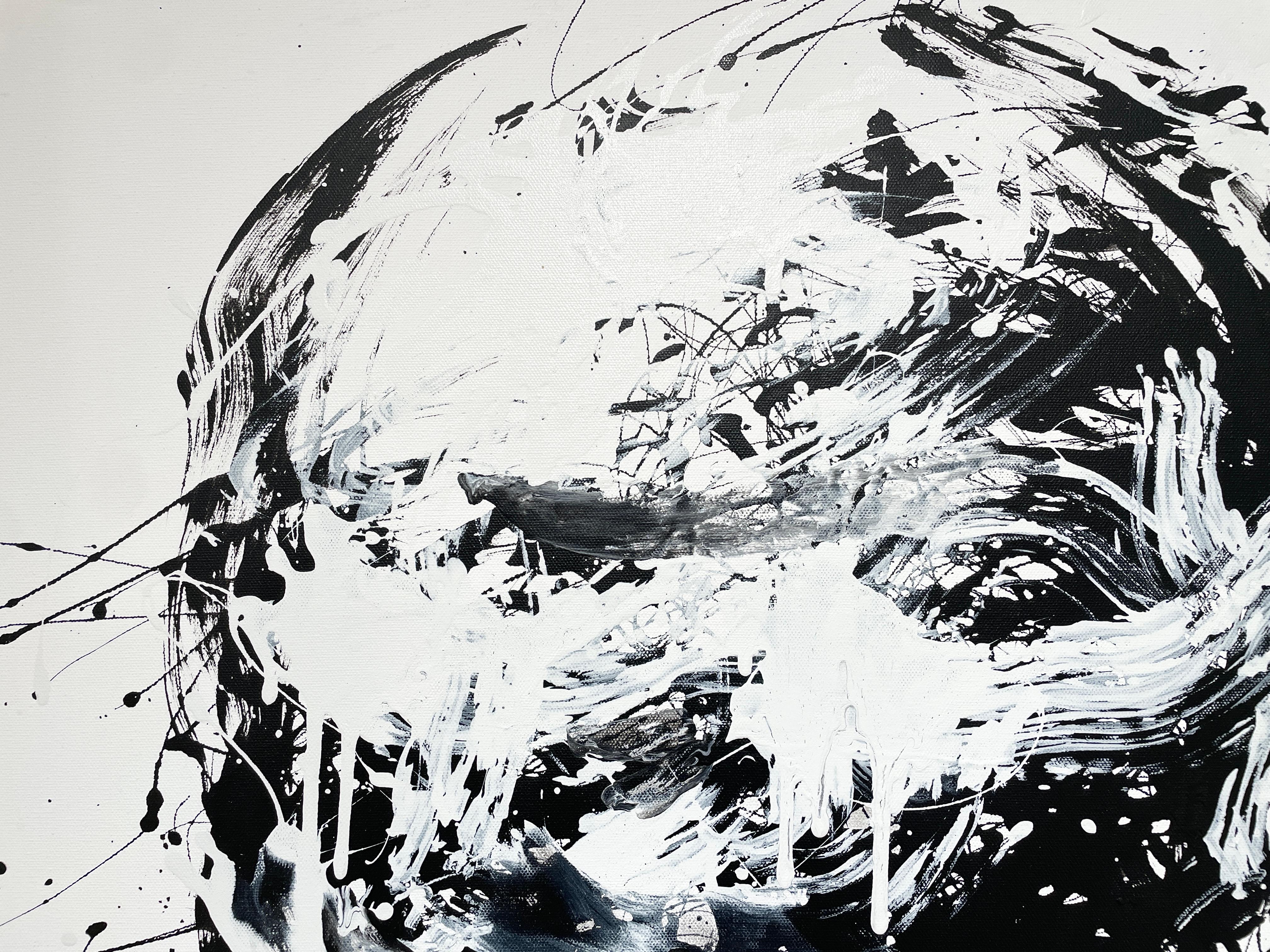 „Stoic“ von Masri – Abstraktes Schwarz-Weiß-Porträt – Gemälde in Mischtechnik im Angebot 2