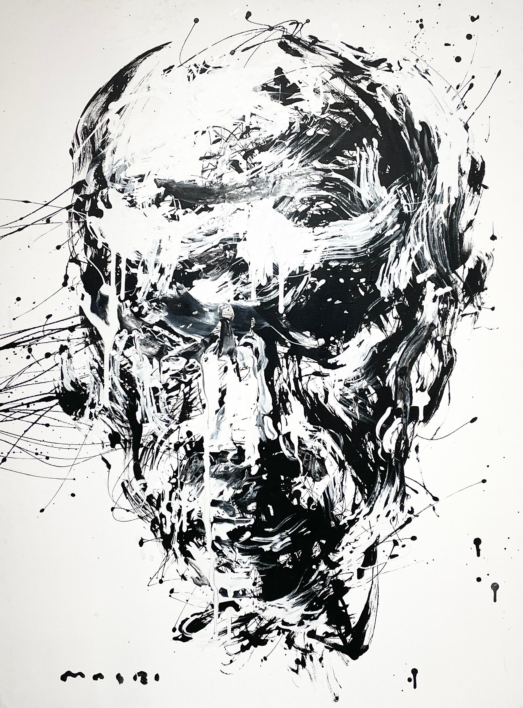 'Stoic' by Masri - Black and White Abstract Portrait - Mixed Media Painting For Sale 2