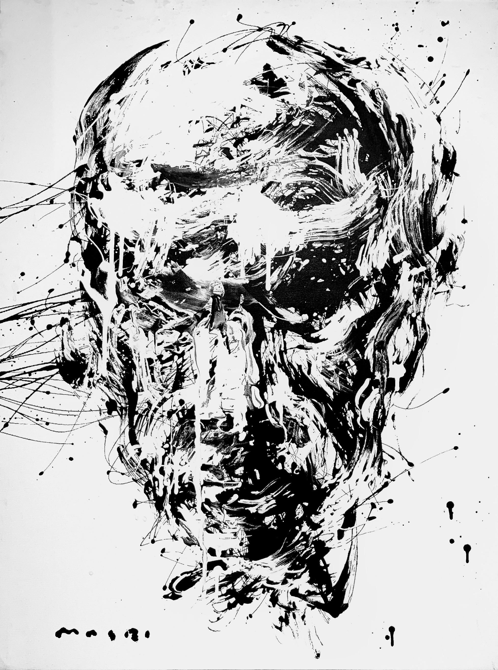 Masri Hayssam Portrait Painting – „Stoic“ von Masri – Abstraktes Schwarz-Weiß-Porträt – Gemälde in Mischtechnik