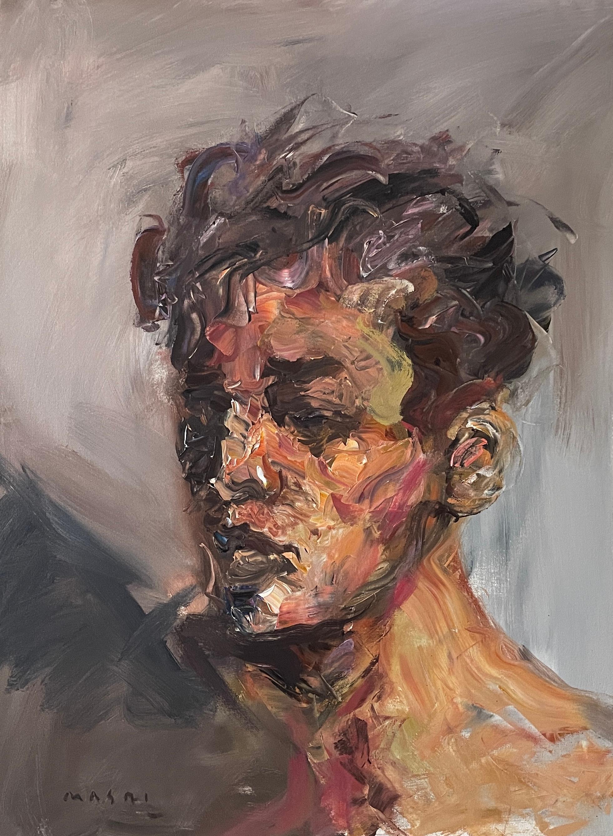 Masri Hayssam Portrait Painting - "Terra" - Abstract Portrait of a Young Man in Earthtone by Masri