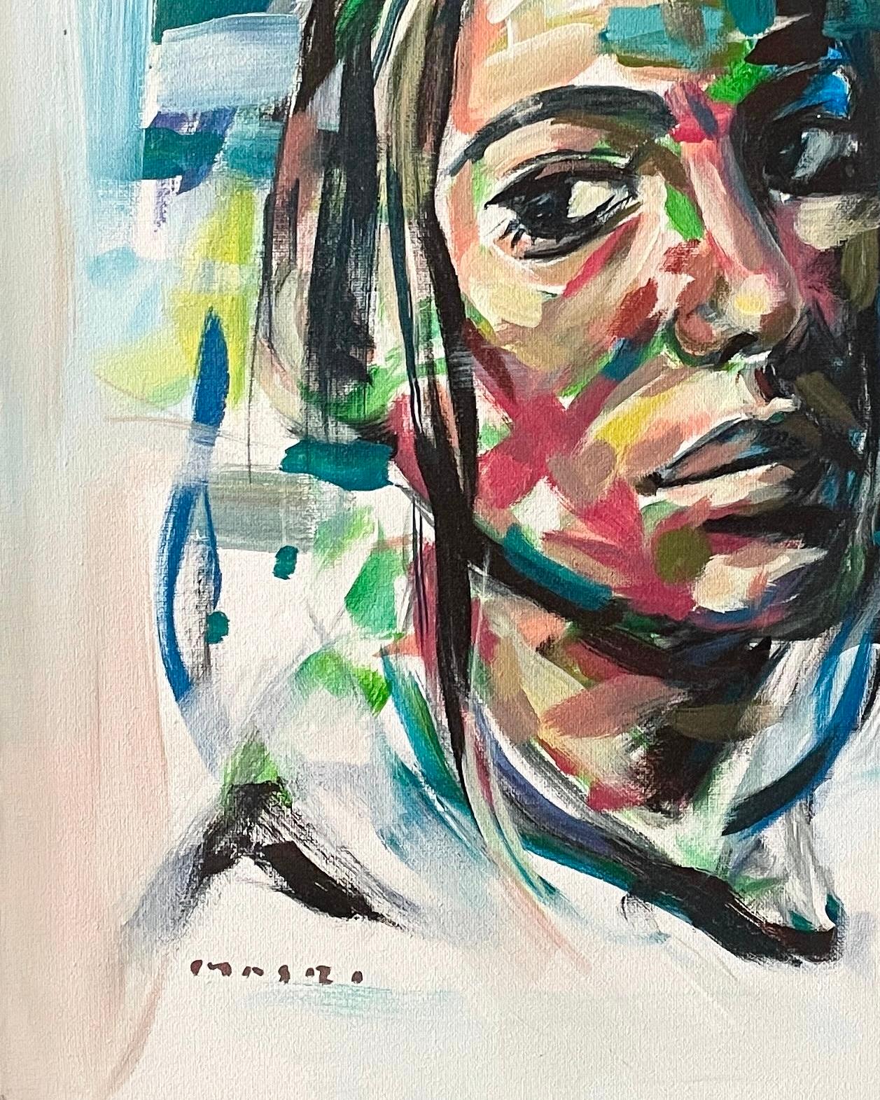 „The Glance“ Abstrakter Expressionismus in Mischtechnik  Porträt einer jungen Frau von Masri im Angebot 4