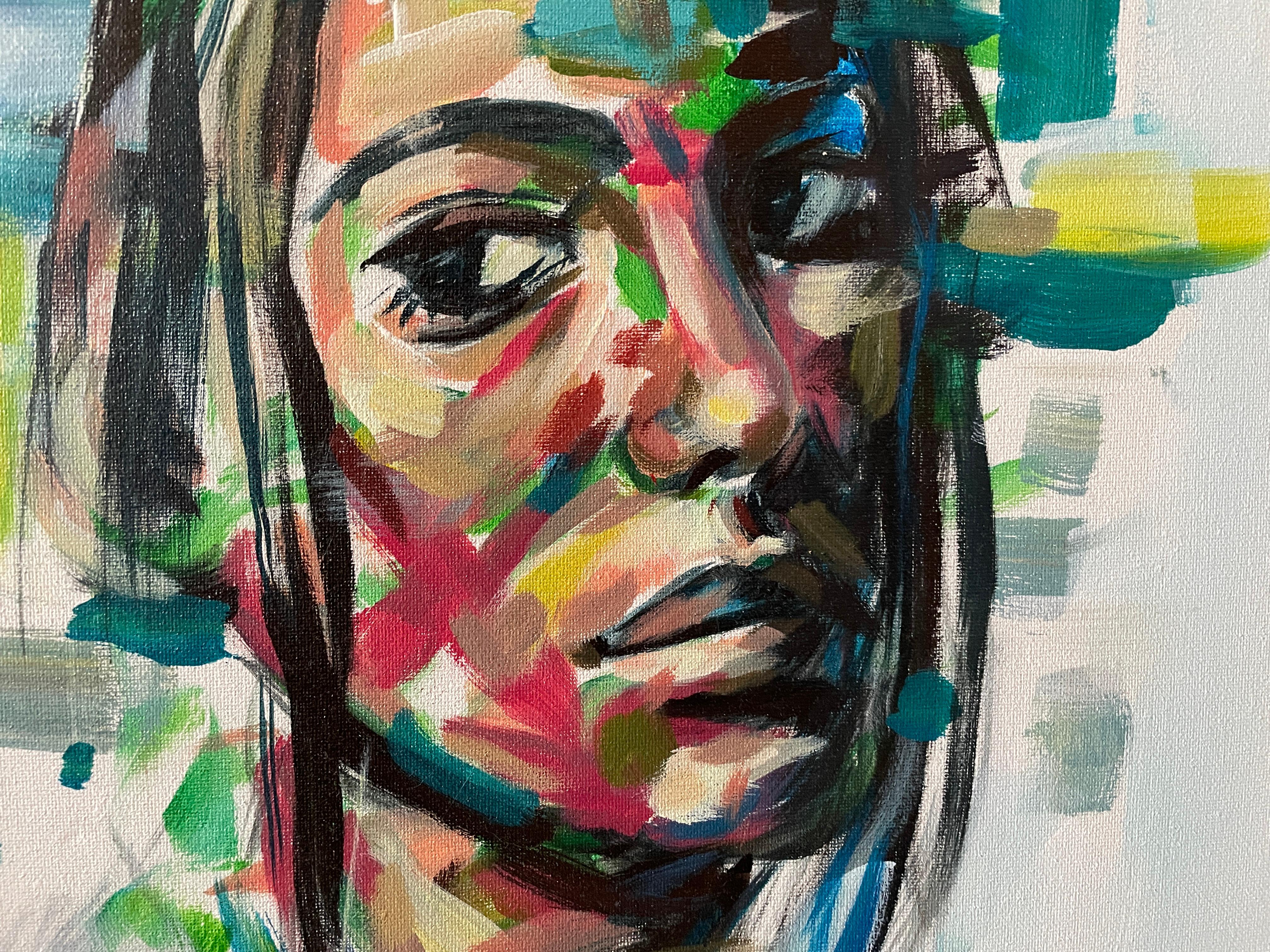 „The Glance“ Abstrakter Expressionismus in Mischtechnik  Porträt einer jungen Frau von Masri im Angebot 1