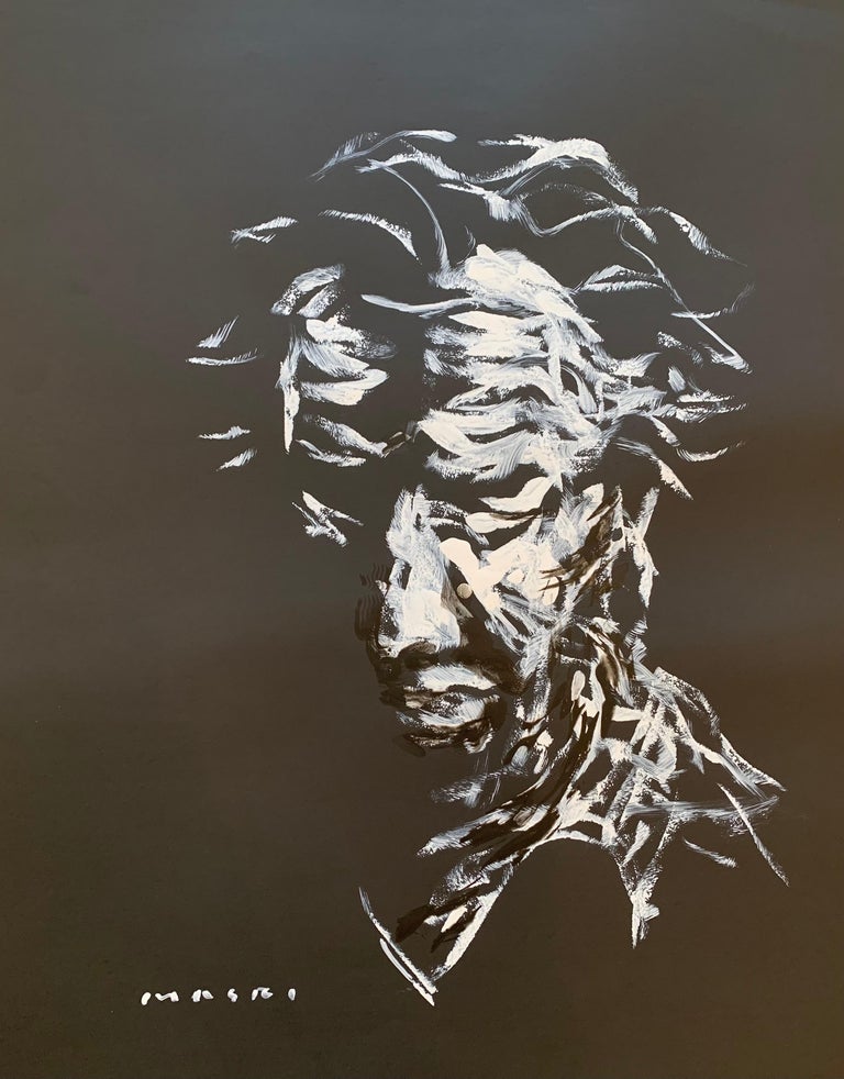 Masri Hayssam White On Black Self Portrait Oil On Paper Original Piece By Masri For Sale At 1stdibs