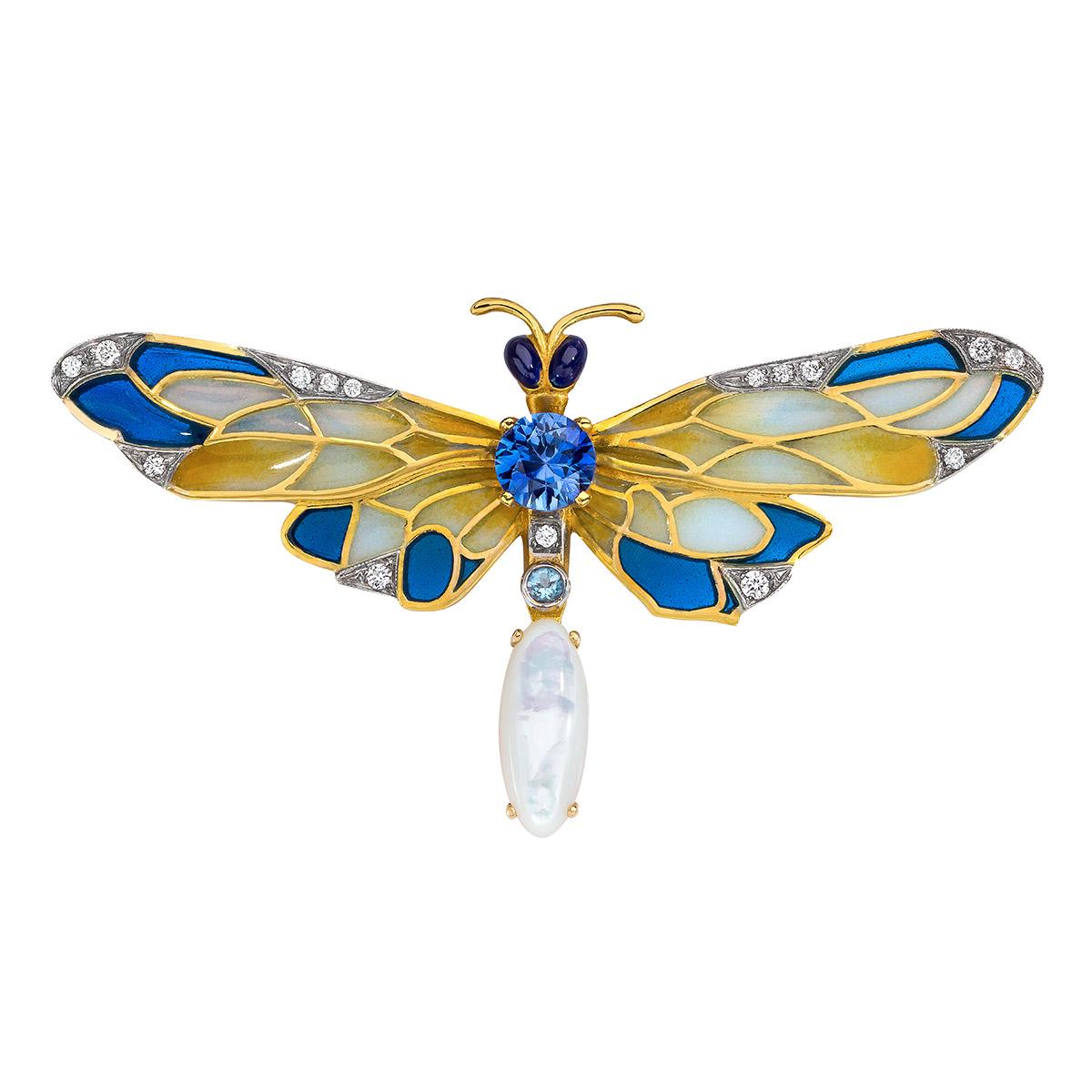 Art Nouveau Masriera 18 Karat Gold Enamel, Diamond and Precious Stone Dragonfly Brooch