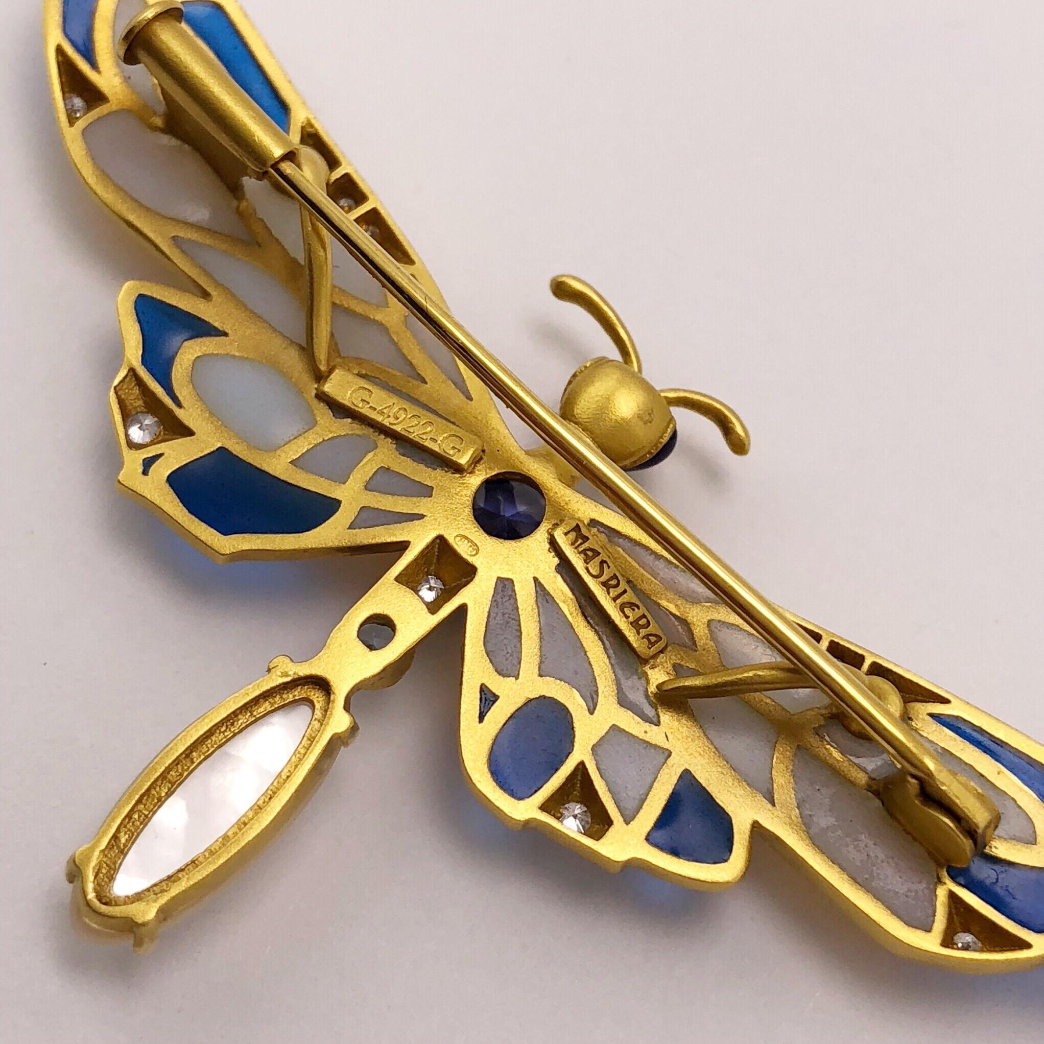 Masriera 18 Karat Gold Enamel, Diamond and Precious Stone Dragonfly Brooch In New Condition In New York, NY