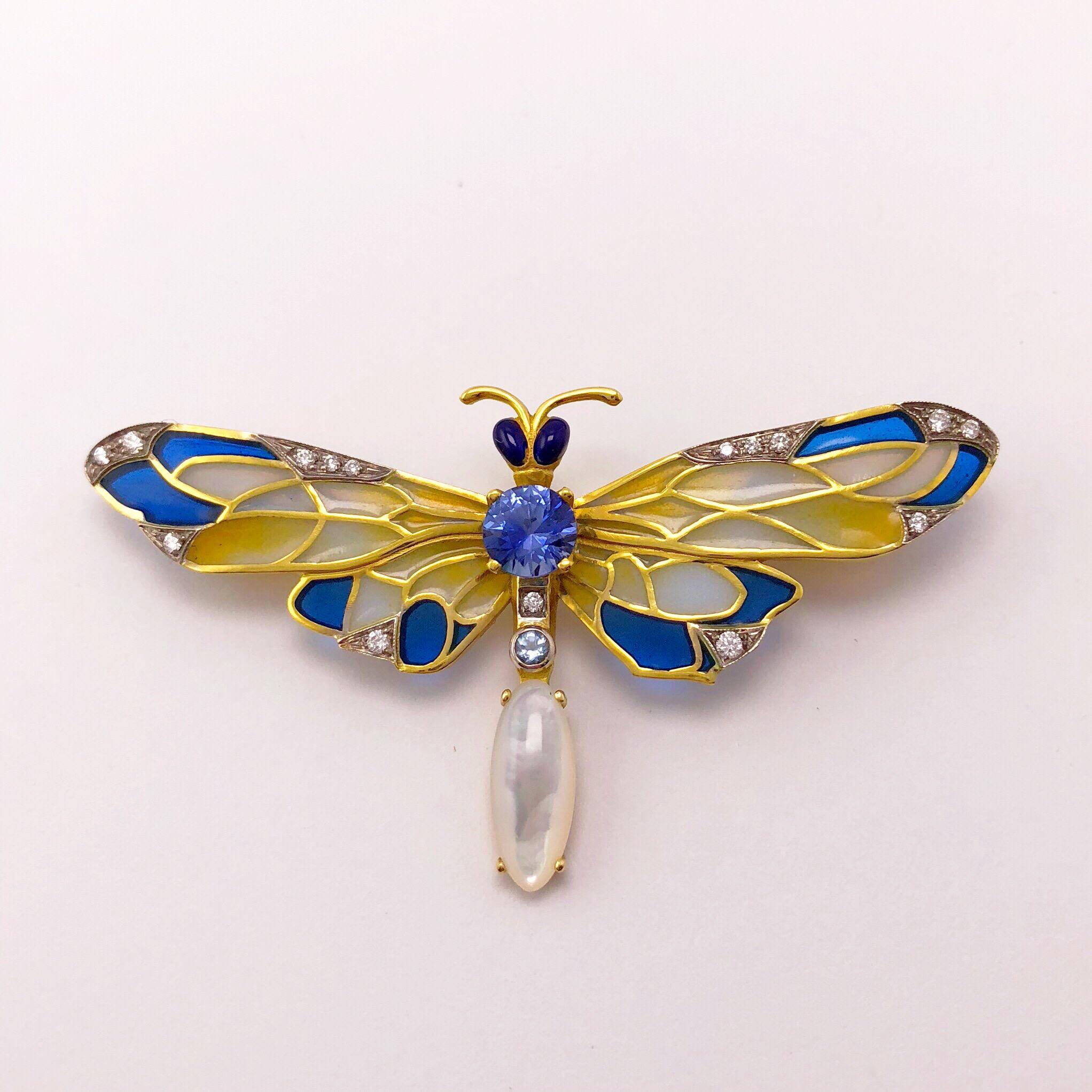 Women's or Men's Masriera 18 Karat Gold Enamel, Diamond and Precious Stone Dragonfly Brooch