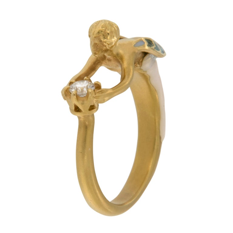 Art Nouveau Masriera 18 Karat Yellow Gold Angel of the Morning Plique a Jour Enamel Ring For Sale