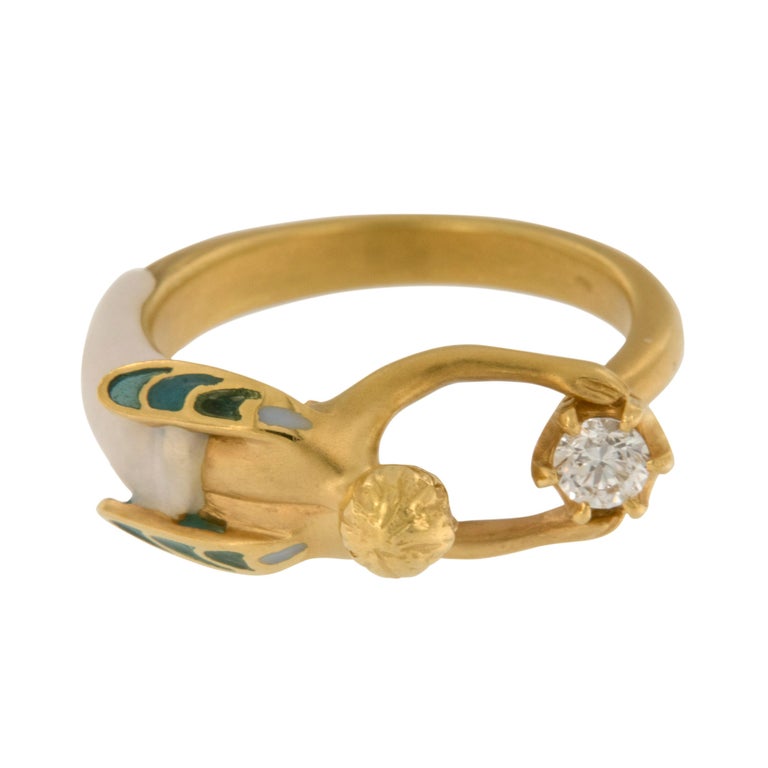Round Cut Masriera 18 Karat Yellow Gold Angel of the Morning Plique a Jour Enamel Ring For Sale