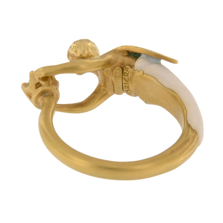Masriera 18 Karat Yellow Gold Angel of the Morning Plique a Jour Enamel Ring In New Condition For Sale In Troy, MI