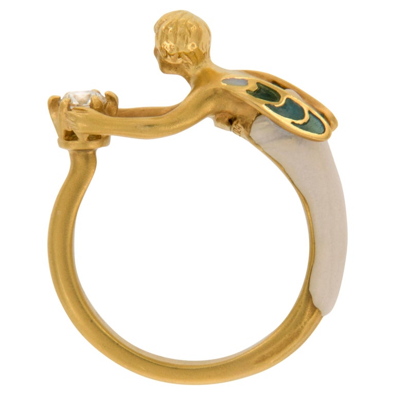 Masriera 18 Karat Yellow Gold Angel of the Morning Plique a Jour Enamel Ring For Sale