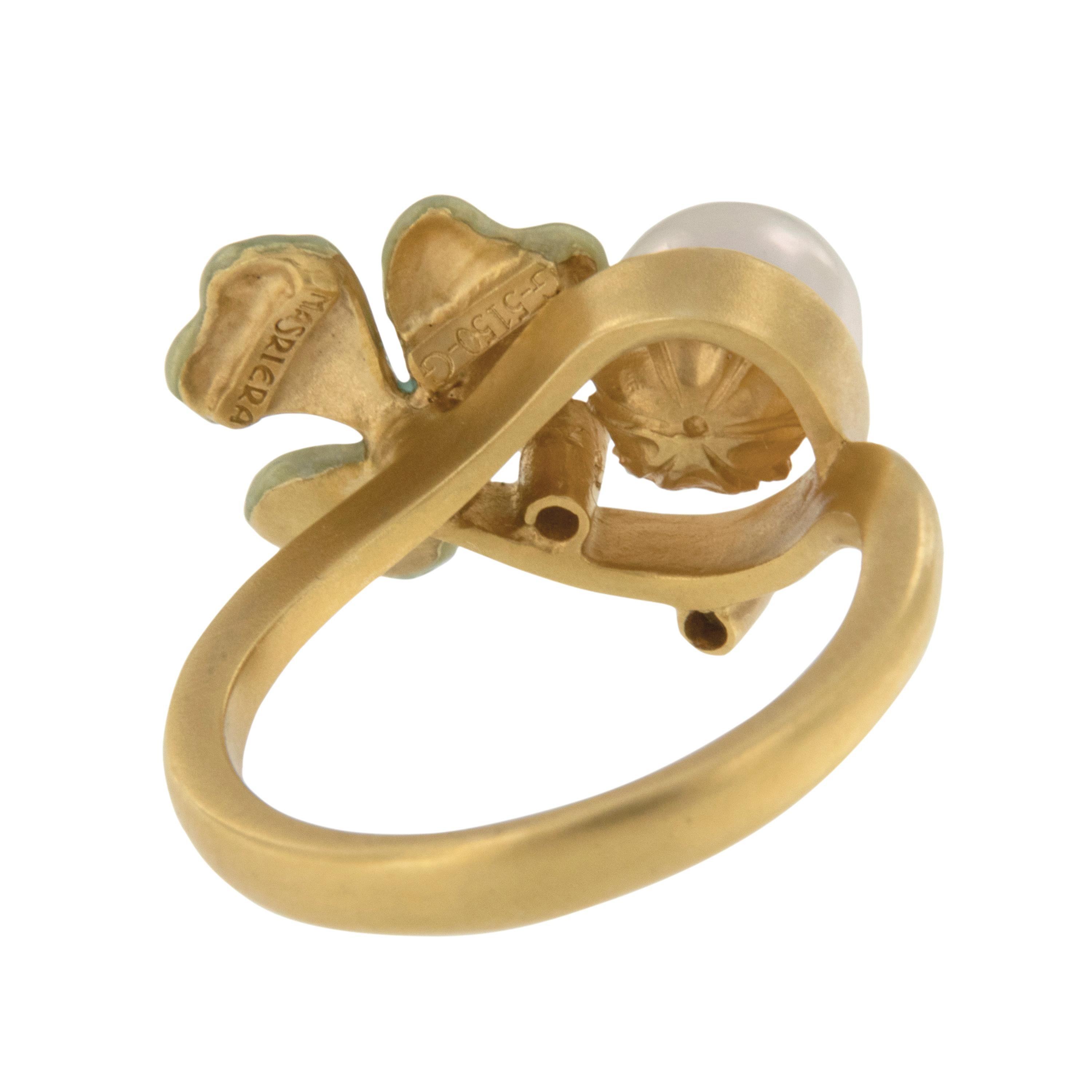 Art Nouveau Masriera 18 Karat Yellow Gold Base Taille Enamel Shamrock Pearl & Diamond Ring