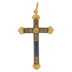 Masriera 18 Karat Yellow Gold Cross Pendant with Basse, Taille Enamel