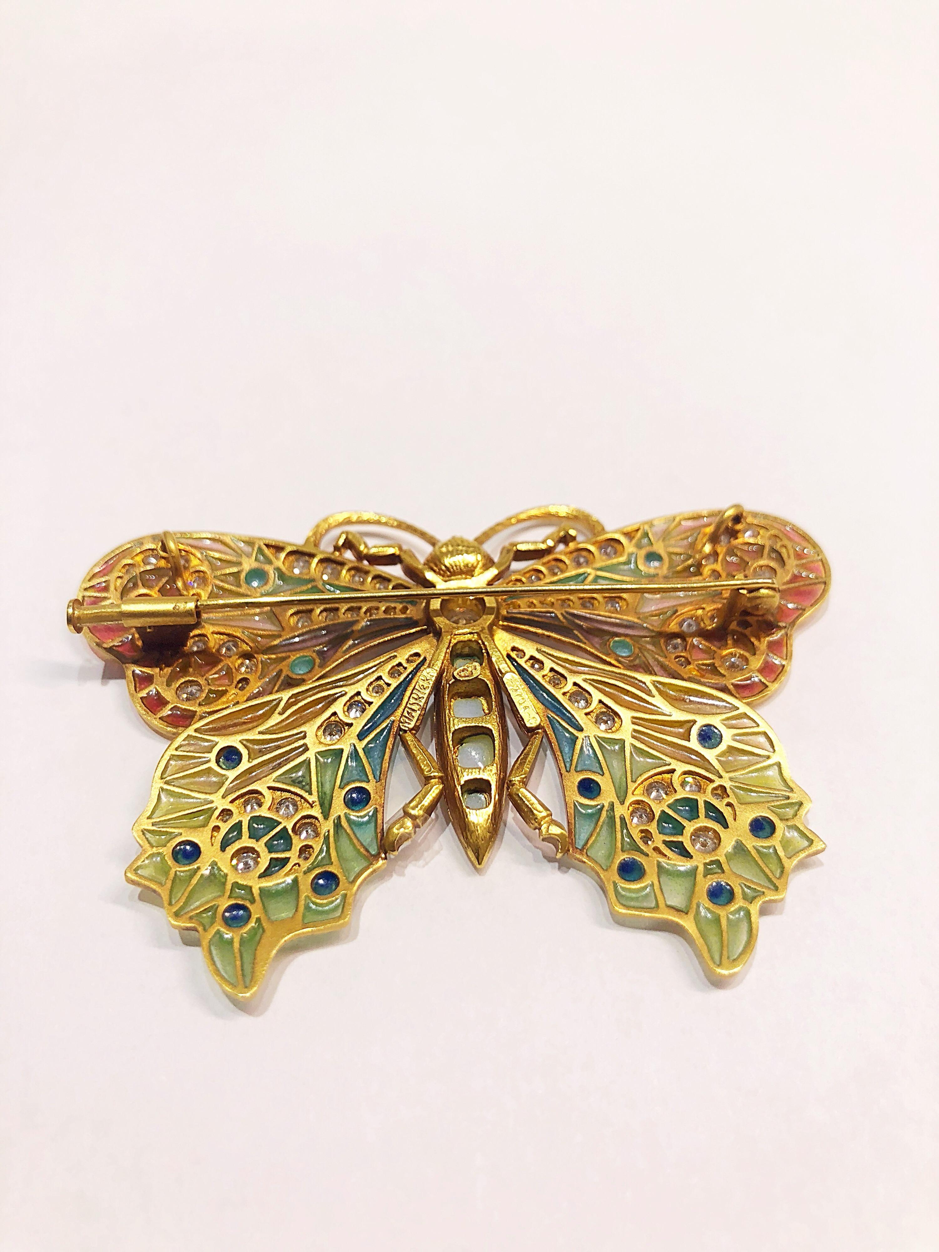 Masriera Schmetterlingsbrosche aus 18 Karat Gelbgold mit Emaille und Diamanten (Art nouveau) im Angebot