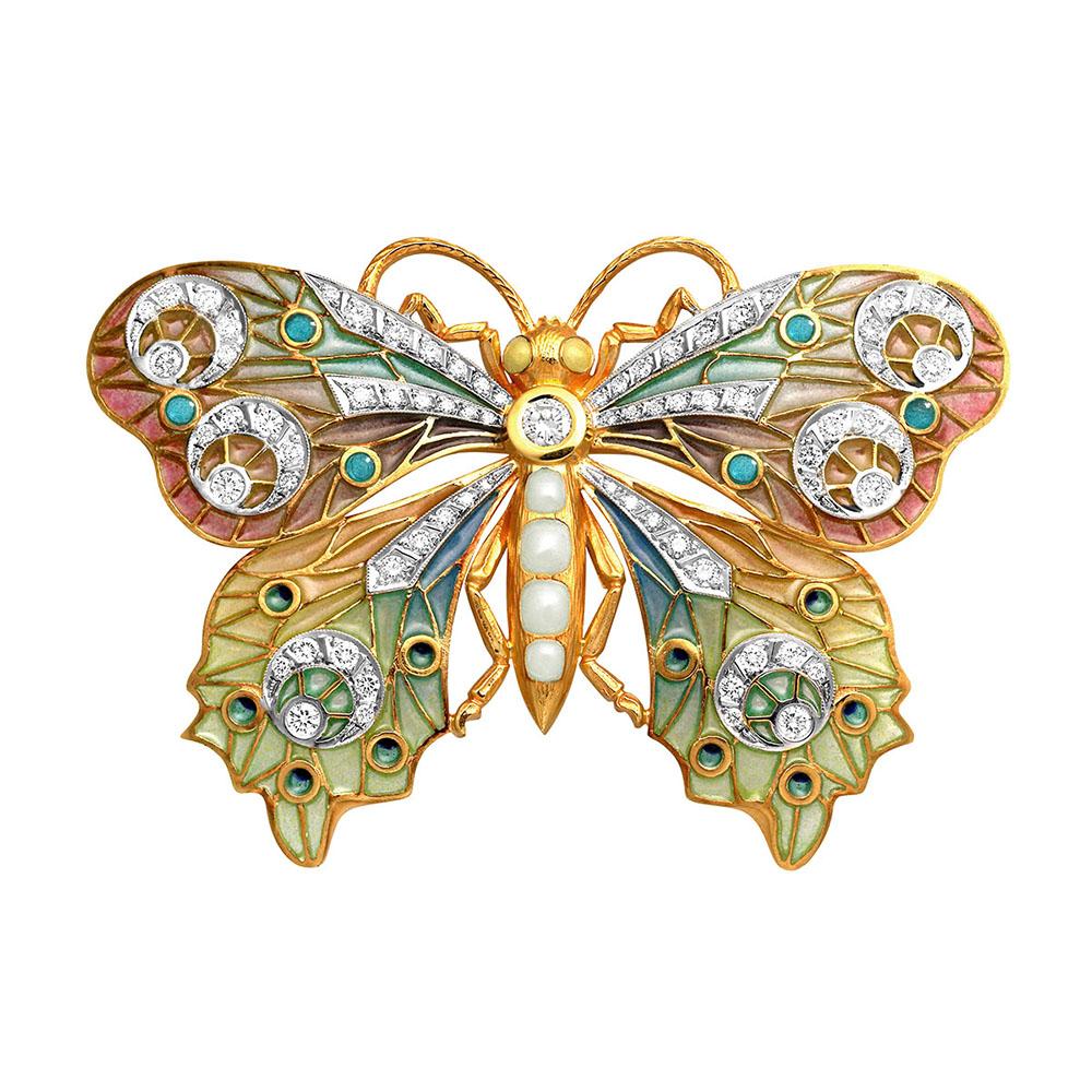 Masriera Schmetterlingsbrosche aus 18 Karat Gelbgold mit Emaille und Diamanten