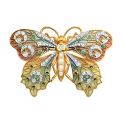 Masriera 18 Karat Yellow Gold Enamel and Diamond Butterfly Brooch
