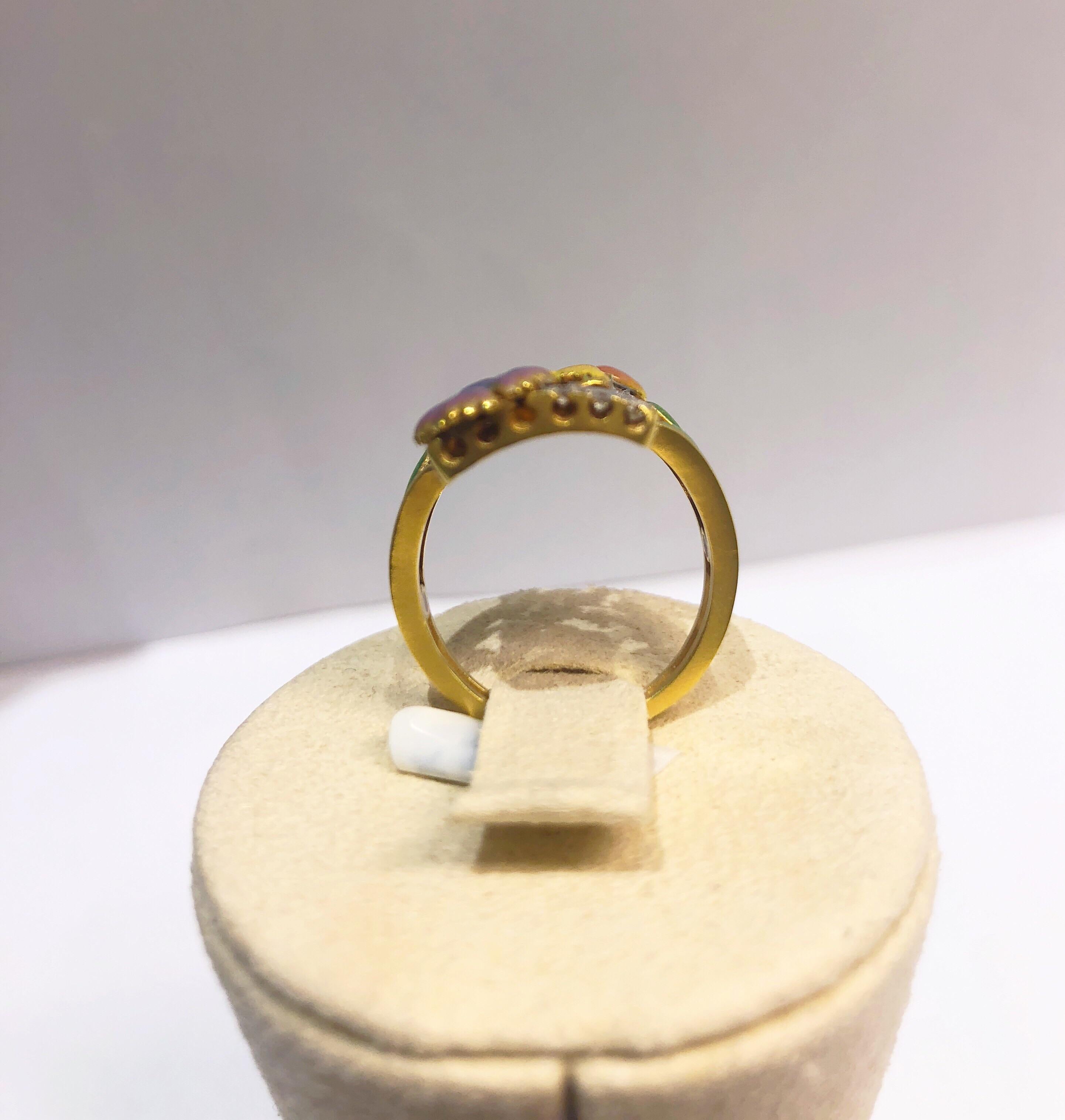 Masriera 18 Karat Yellow Gold, Fired Enamel and Diamond Flower Ring In New Condition In New York, NY