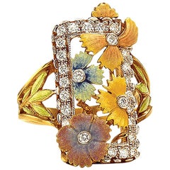 Masriera 18 Karat Yellow Gold, Fired Enamel and Diamond Flower Ring