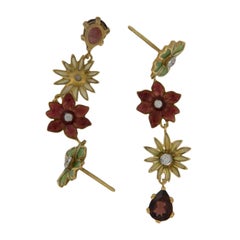 Masriera 18 Karat Yellow Gold Garnet Diamond Lively Flowers Enamel Earrings