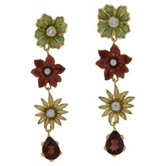Masriera 18 Karat Yellow Gold Garnet Diamond Lively Flowers Enamel Earrings