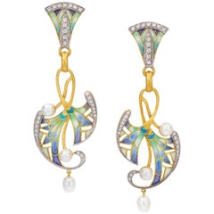 Masriera 18 Karat Yellow Gold Plique-a-Jour Enamel and Pearl Nile Drop Earrings