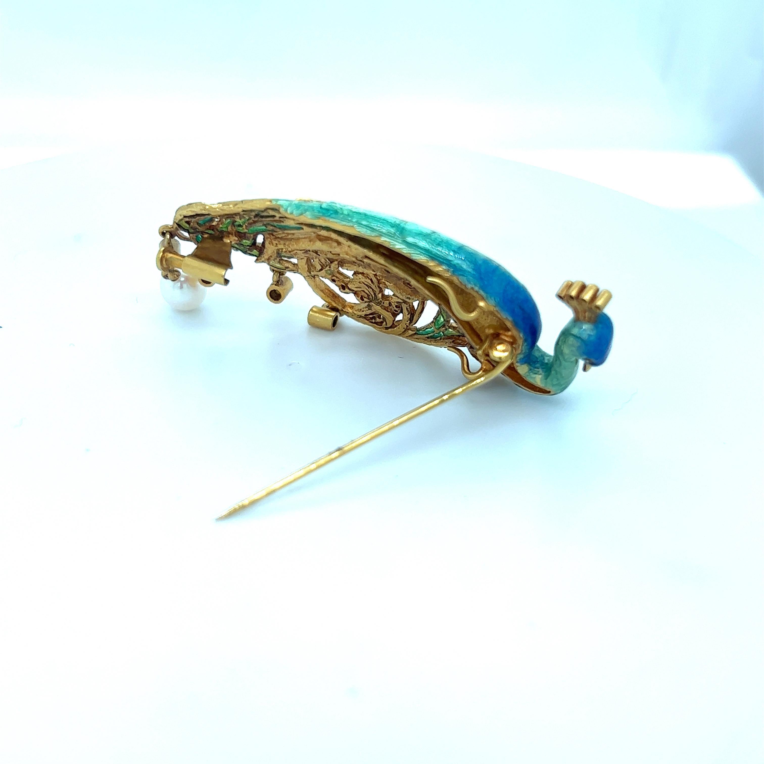 Art Nouveau Masriera 18 KT Yellow Gold Peacock Brooch with Enamel, Dia..41CT and Pearl For Sale