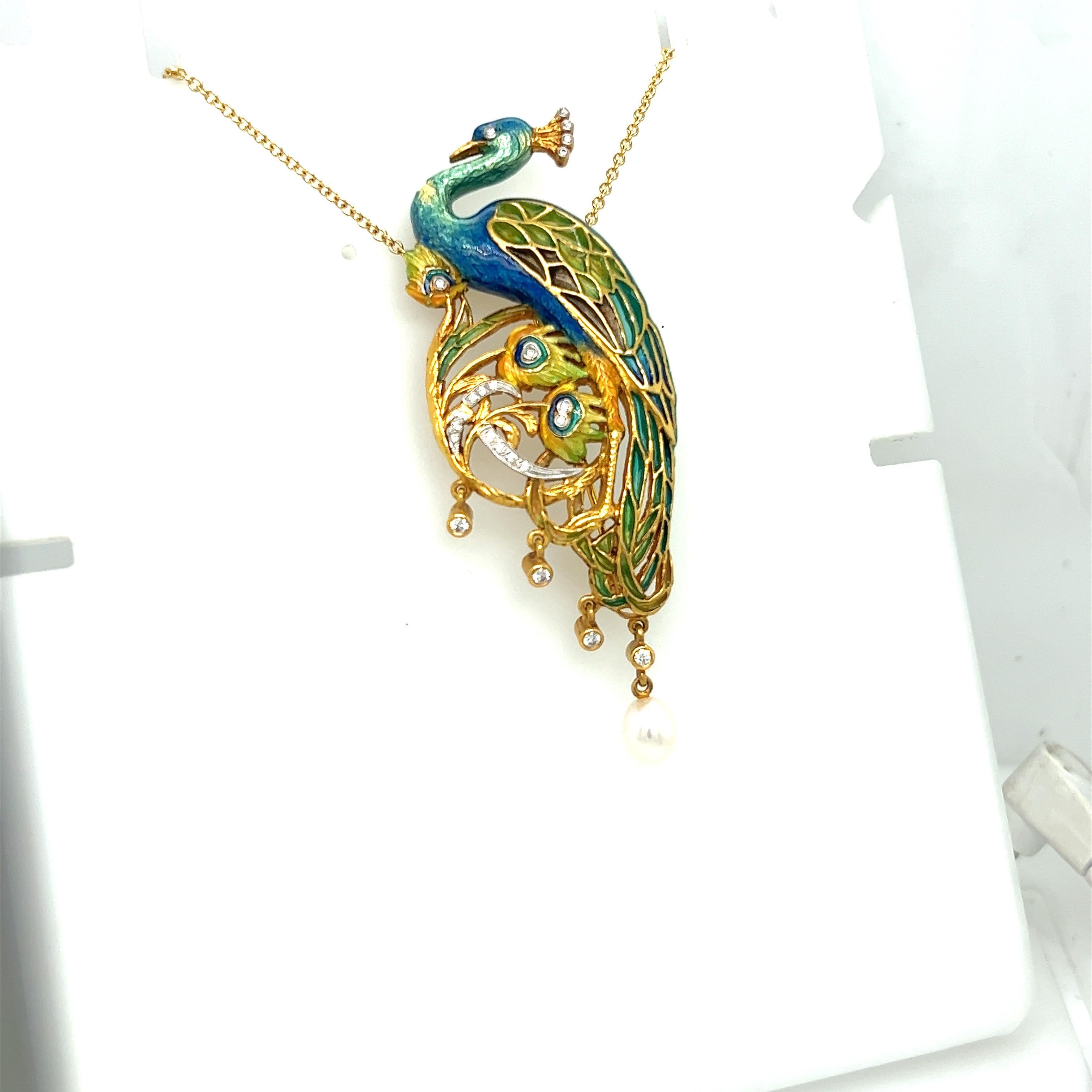Masriera 18 KT Yellow Gold Peacock Brooch with Enamel, Dia..41CT and Pearl In New Condition For Sale In New York, NY
