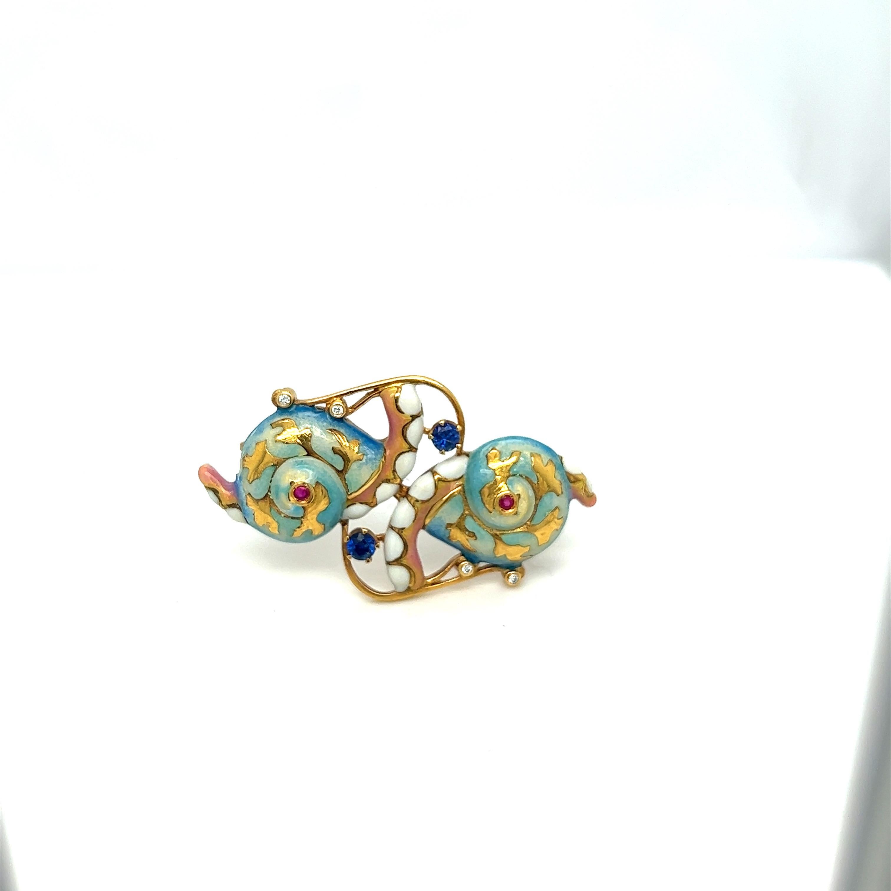 Art Nouveau Masriera 18 KT Yellow Gold Twin Snails Enamel Brooch with Sapphires & Diamonds For Sale