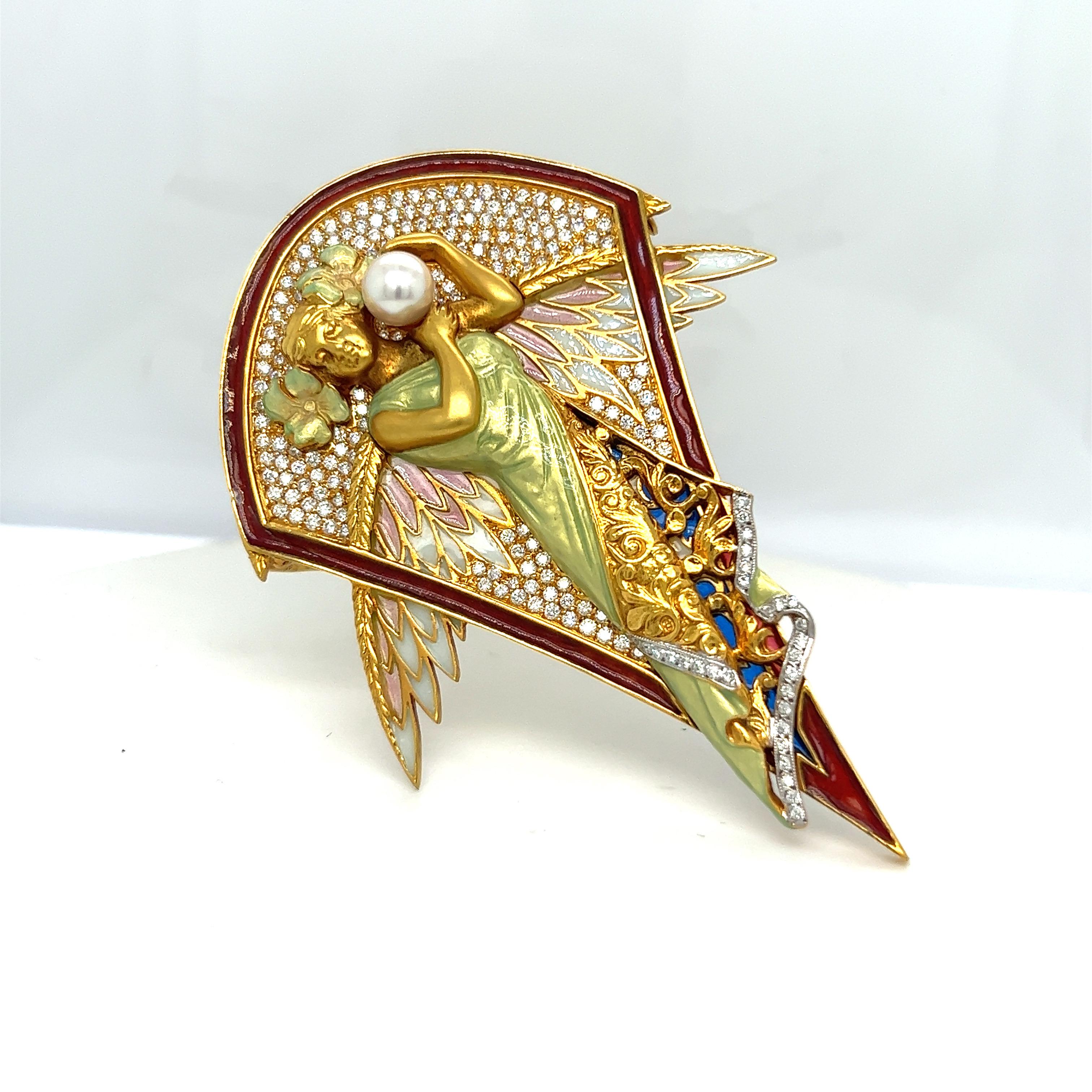 Masriera 18 KT YG Winged Nymph Brooch with Dia 1.94CT, Enamel and Pearls For Sale 3
