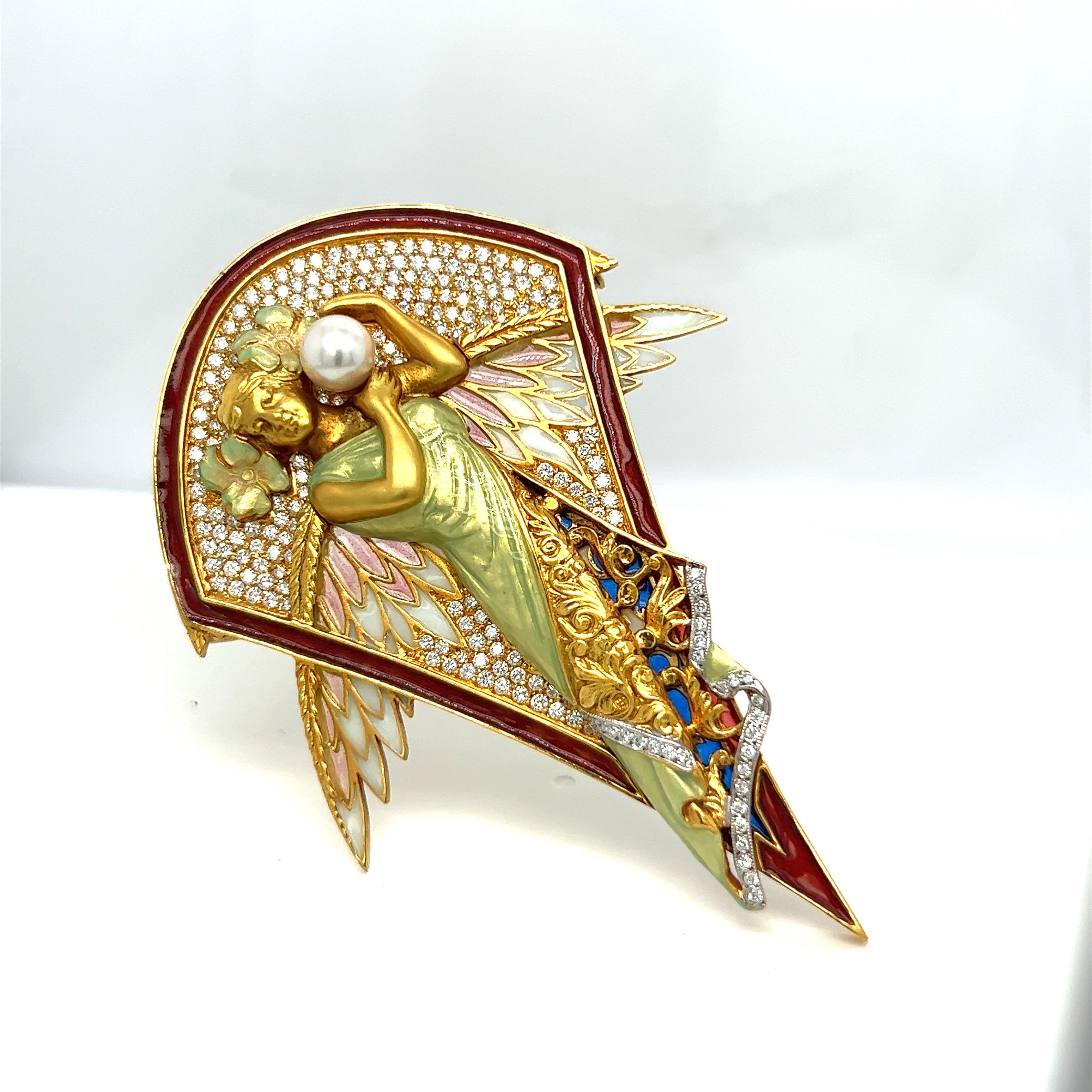 Masriera 18 KT YG Winged Nymph Brooch with Dia 1.94CT, Enamel and Pearls For Sale 4