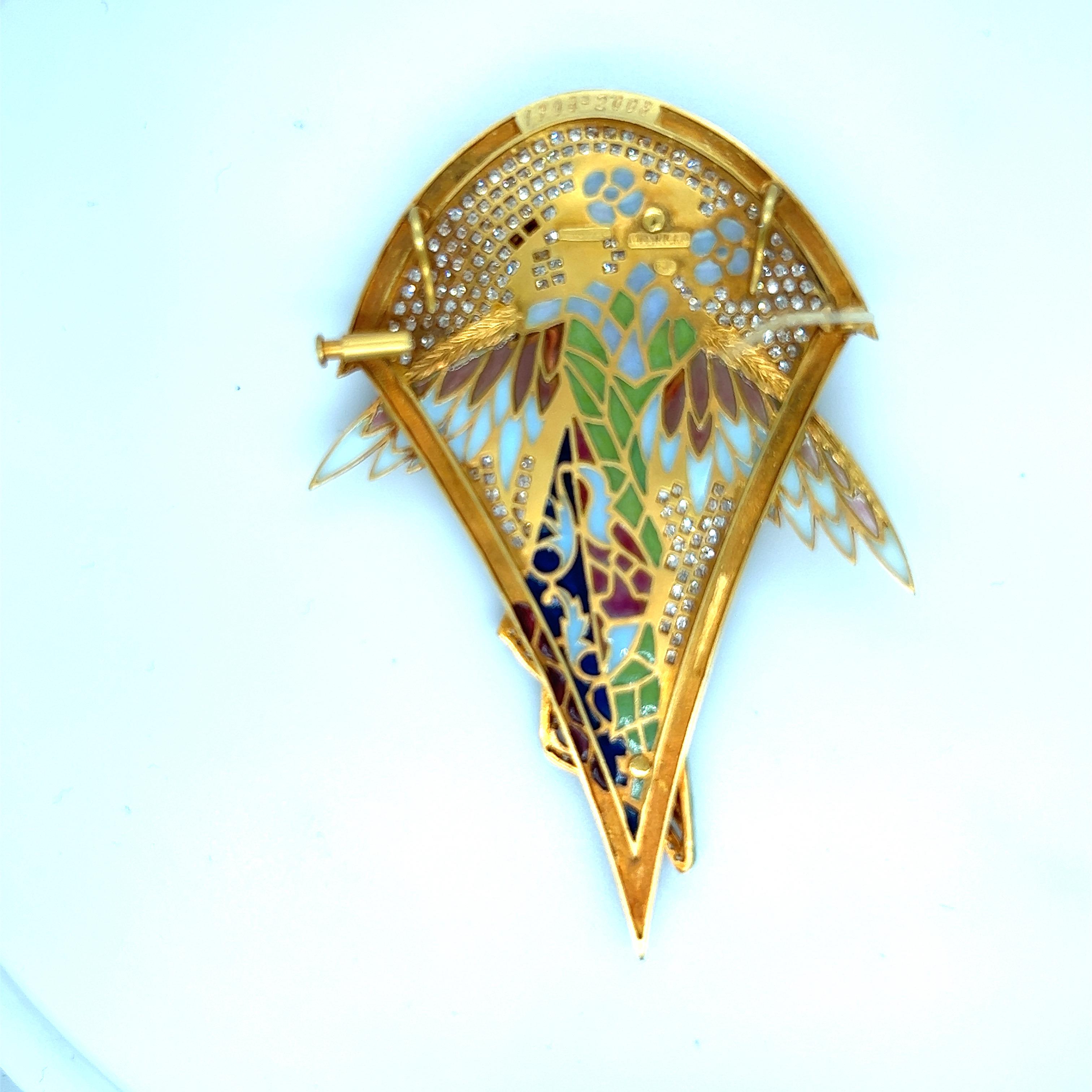 Round Cut Masriera 18 KT YG Winged Nymph Brooch with Dia 1.94CT, Enamel and Pearls For Sale
