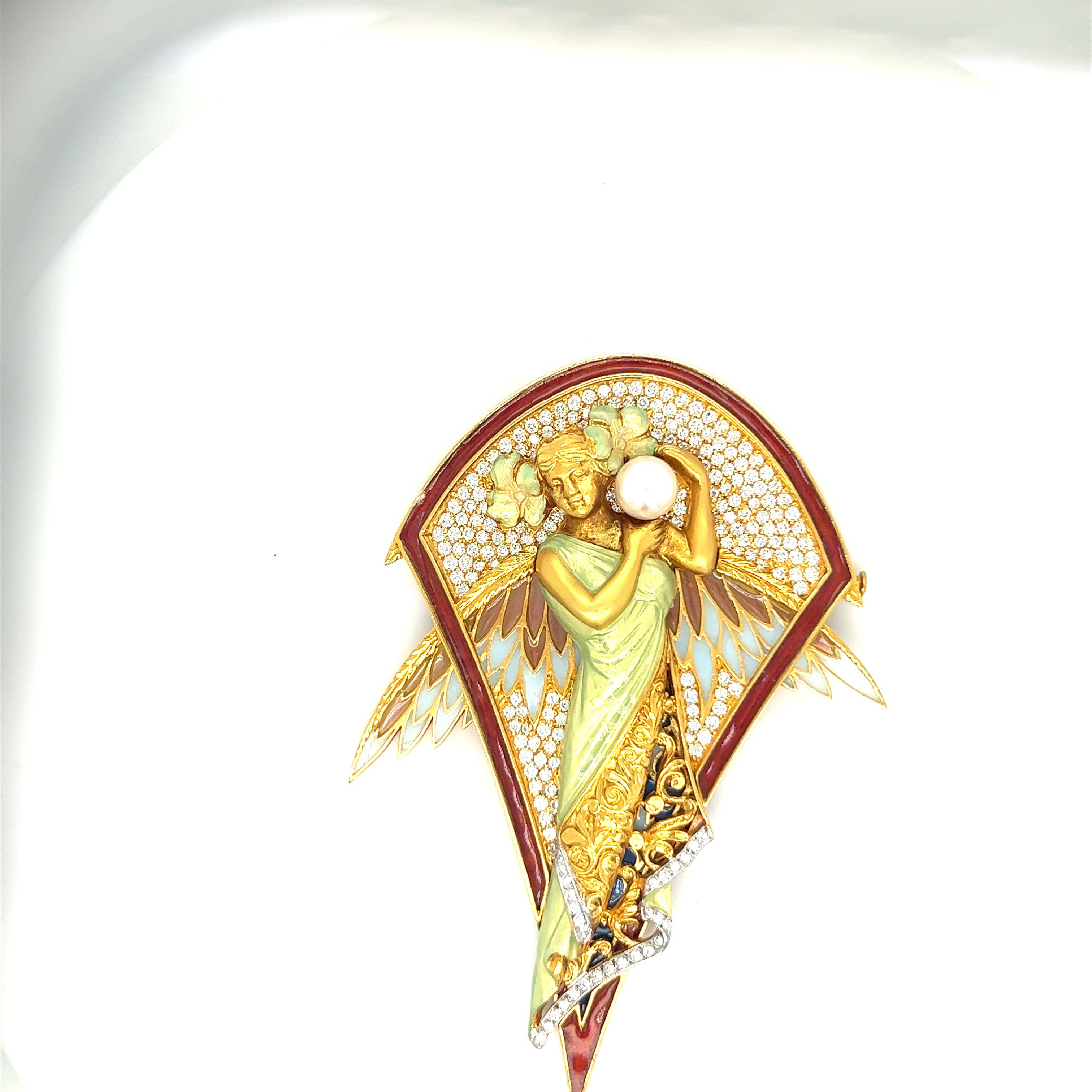 Masriera 18 KT YG Winged Nymph Brooch with Dia 1.94CT, Enamel and Pearls In New Condition For Sale In New York, NY