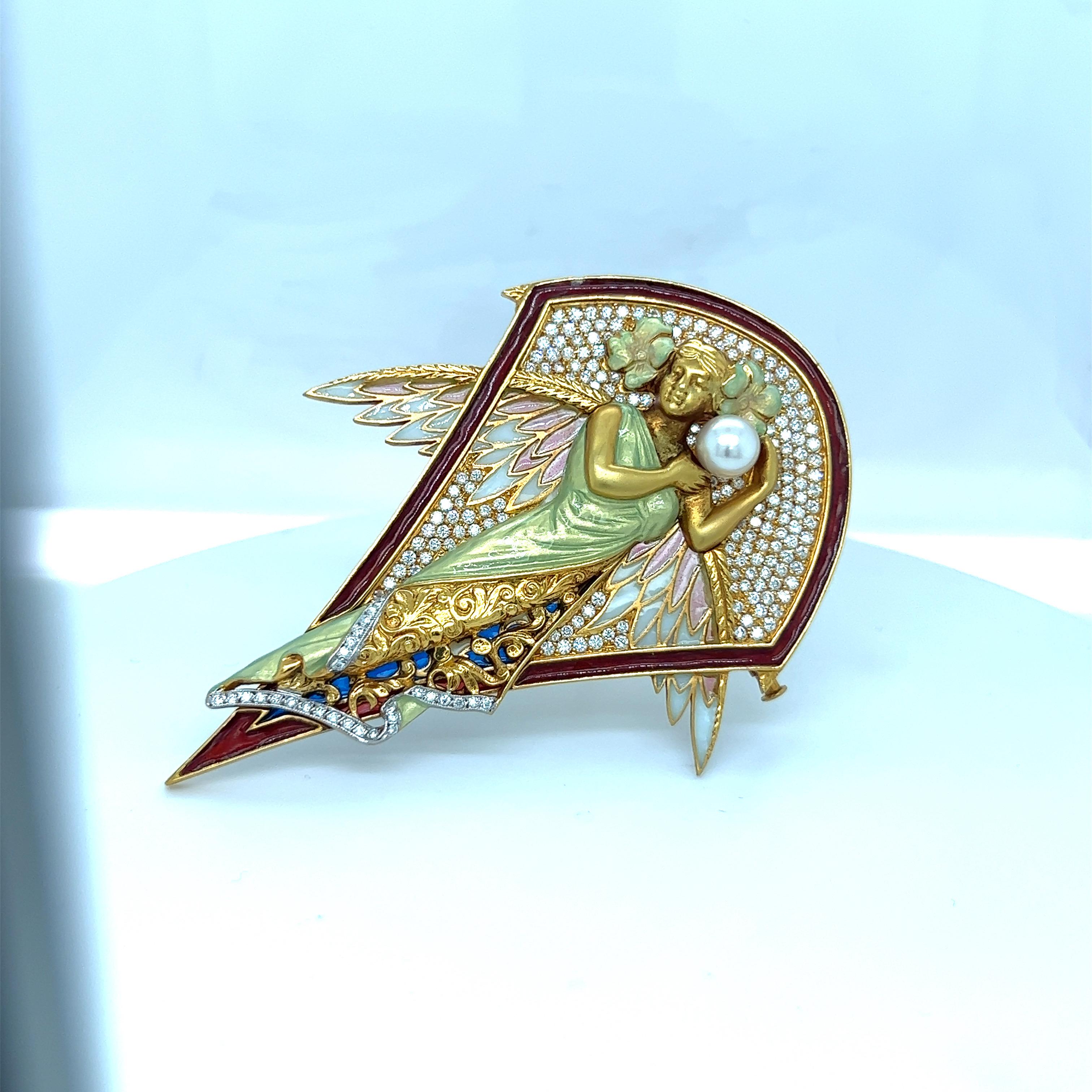 Women's or Men's Masriera 18 KT YG Winged Nymph Brooch with Dia 1.94CT, Enamel and Pearls For Sale