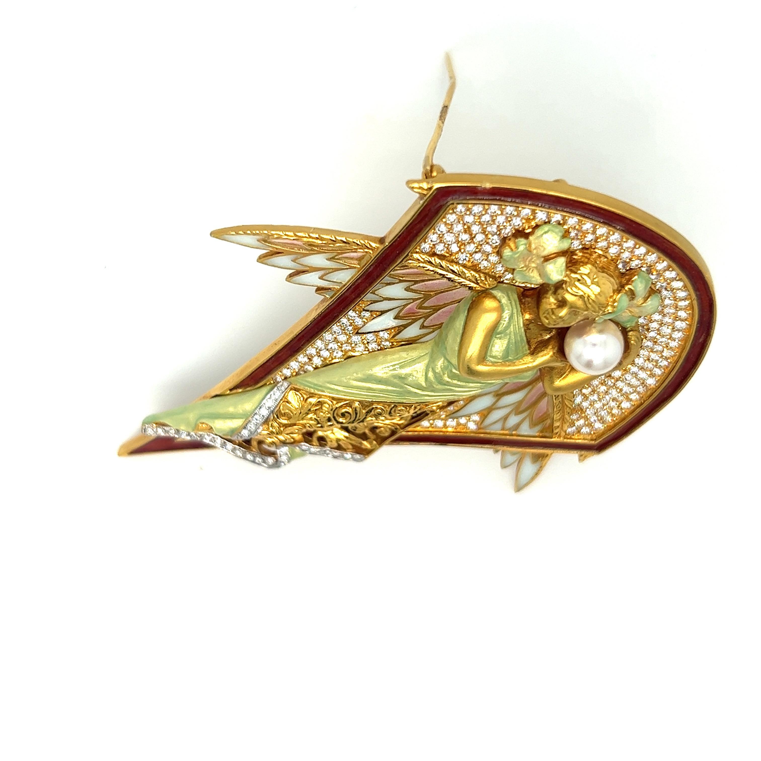 Masriera 18 KT YG Winged Nymph Brooch with Dia 1.94CT, Enamel and Pearls For Sale 1