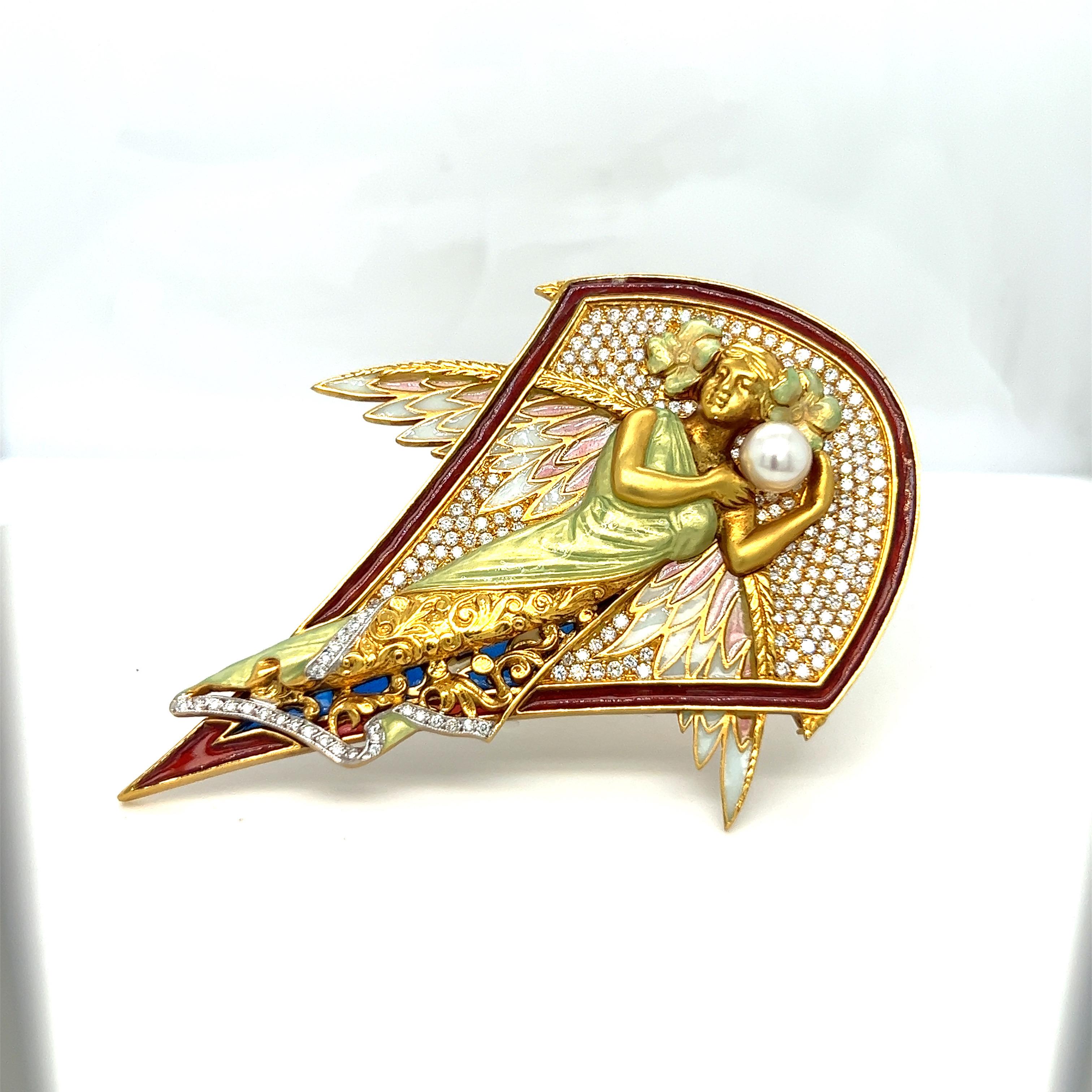 Masriera 18 KT YG Winged Nymph Brooch with Dia 1.94CT, Enamel and Pearls For Sale 2